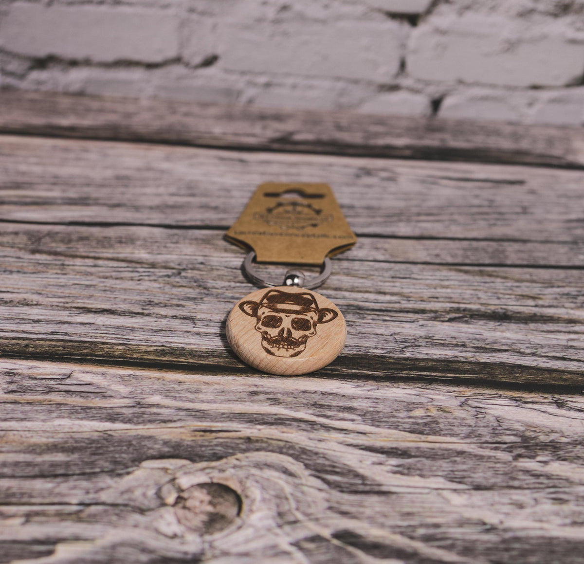 Wooden Skull Keychain – Laser Engraved Hardwood Bag Charm with Fedora & Mustache