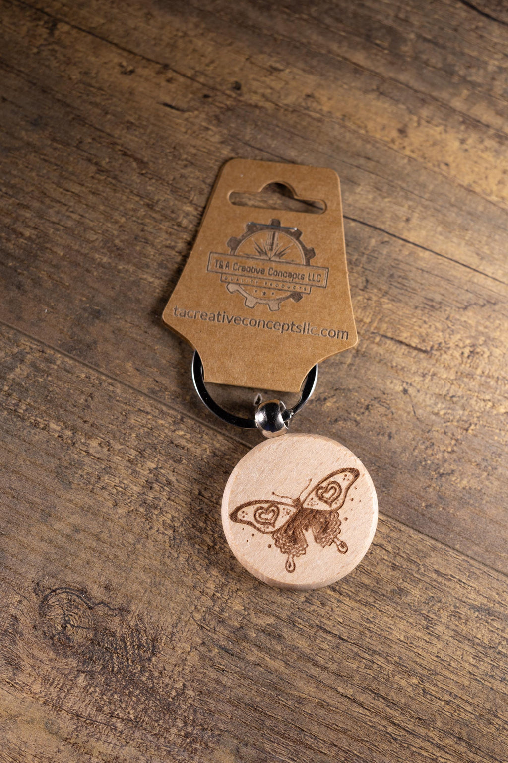 Laser Engraved Keychain - Solid Hardwood Butterfly Bag Charm with Stainless Steel Ring
