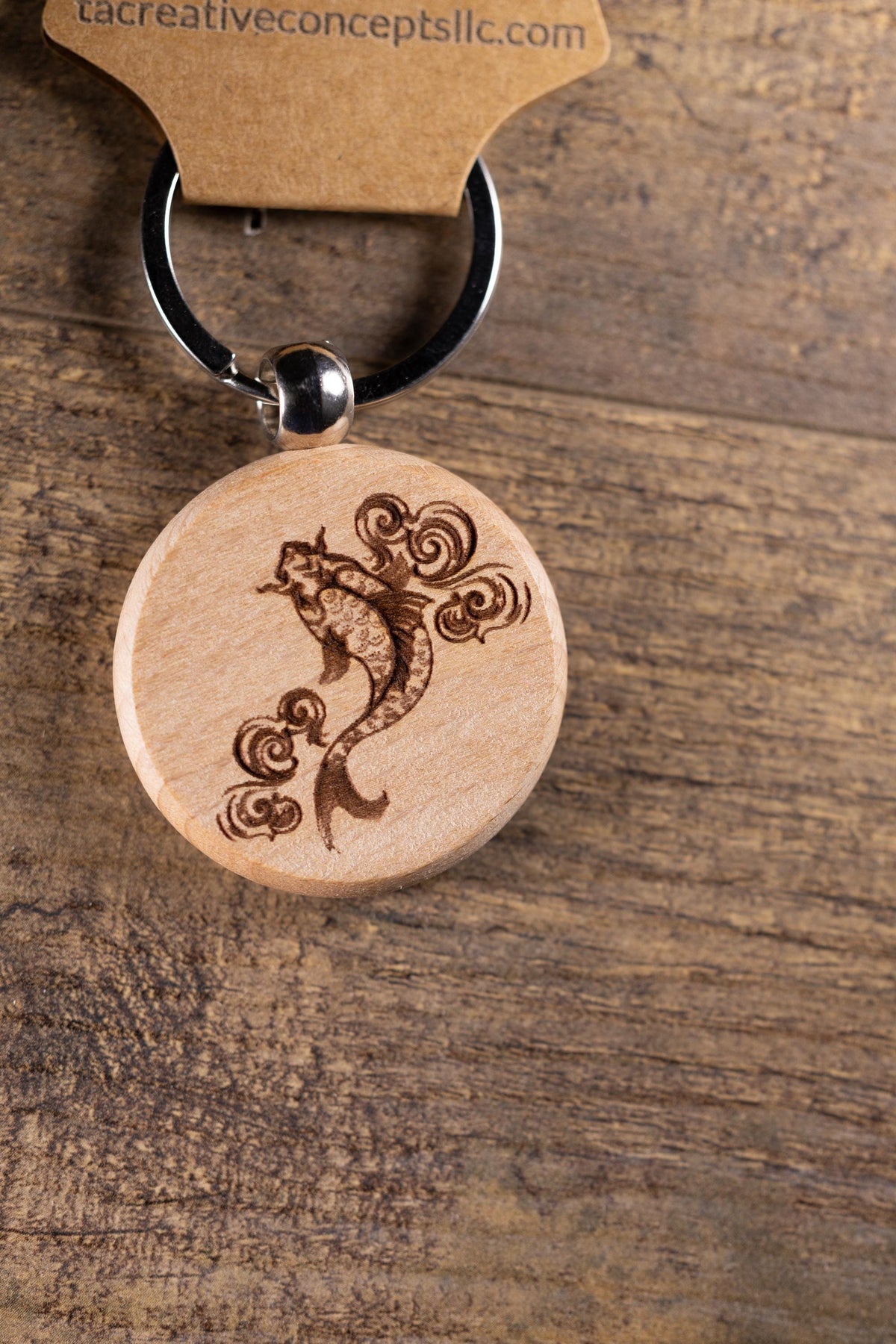 Koi Fish Keychain - Laser Engraved Hardwood Bag Charm With Stainless Steel Hardware