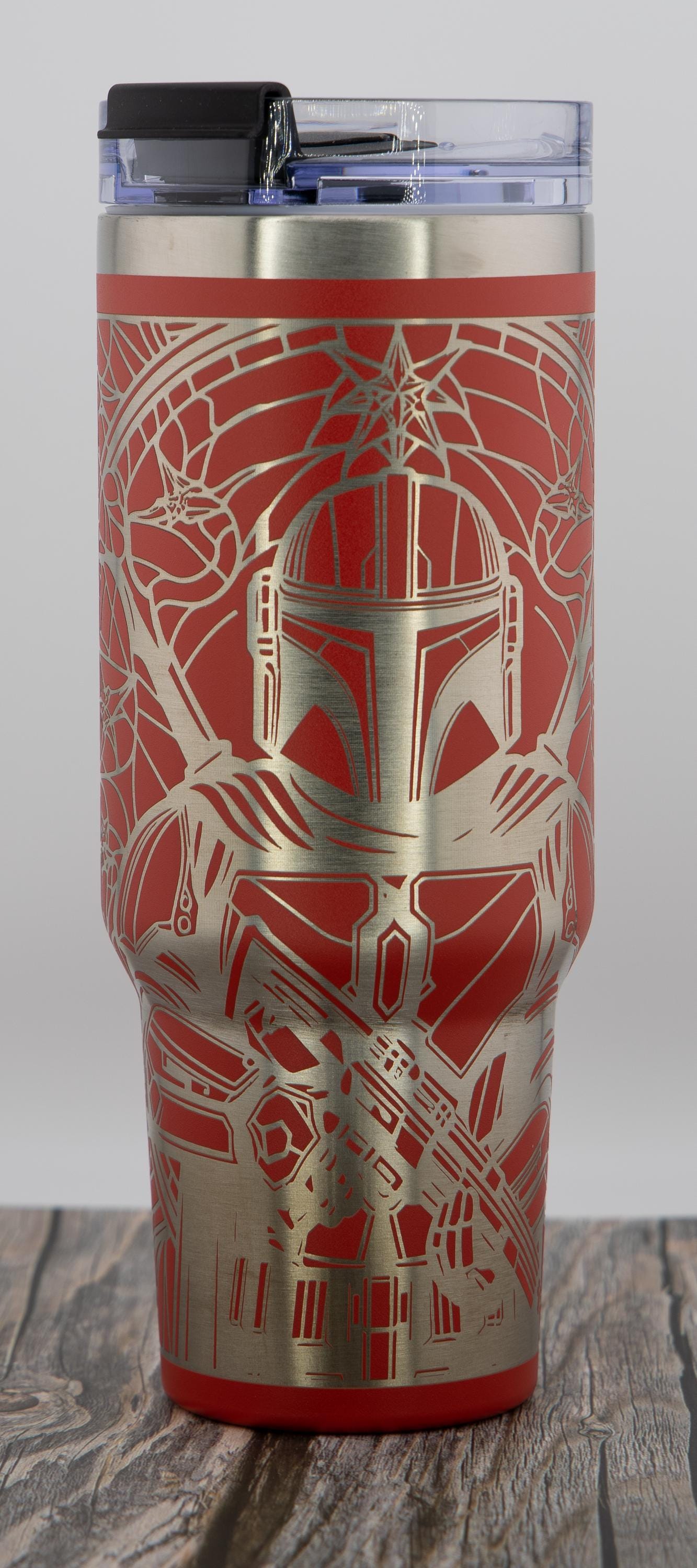 Mandalorian Mosaic Tumbler – 40oz Steel Cup With Laser Engraved Mandalorian Helmet Design