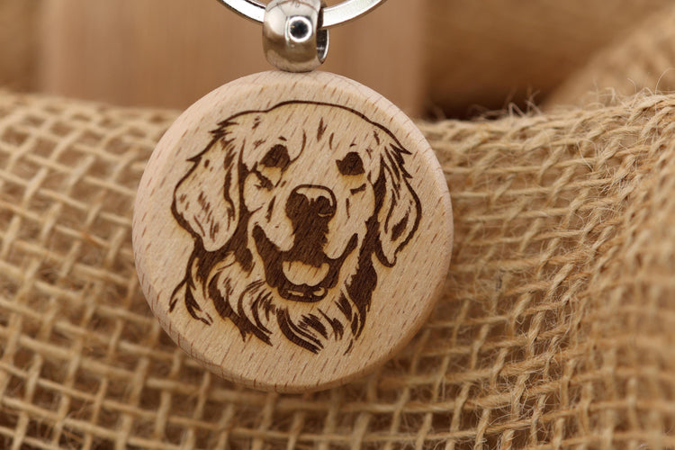 Golden Retriever Keychain - Double Sided Hardwood Dog Charm, Laser Engraved
