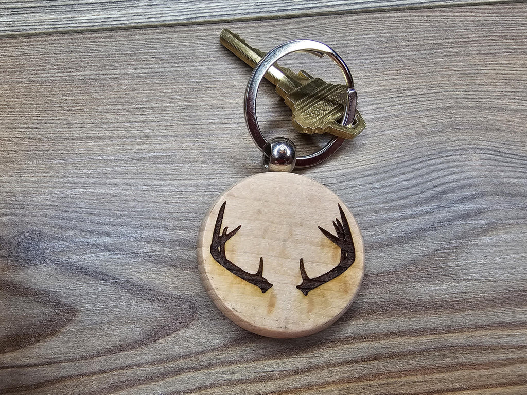 Deer Antlers Keychain – Laser Engraved Hardwood Rustic Bag Charm with Stainless Steel Ring