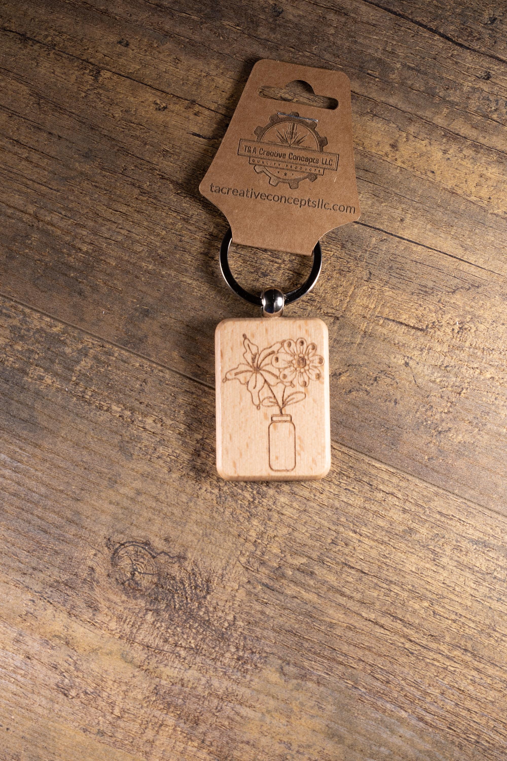 Wood Keychain - Laser Engraved Floral Vase Hardwood Bag Charm with Stainless Steel Ring