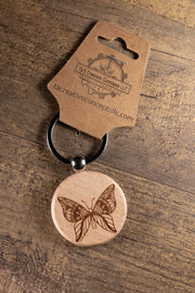Butterfly Keychain - Laser Engraved Wood Bag Charm with Stainless Steel Ring