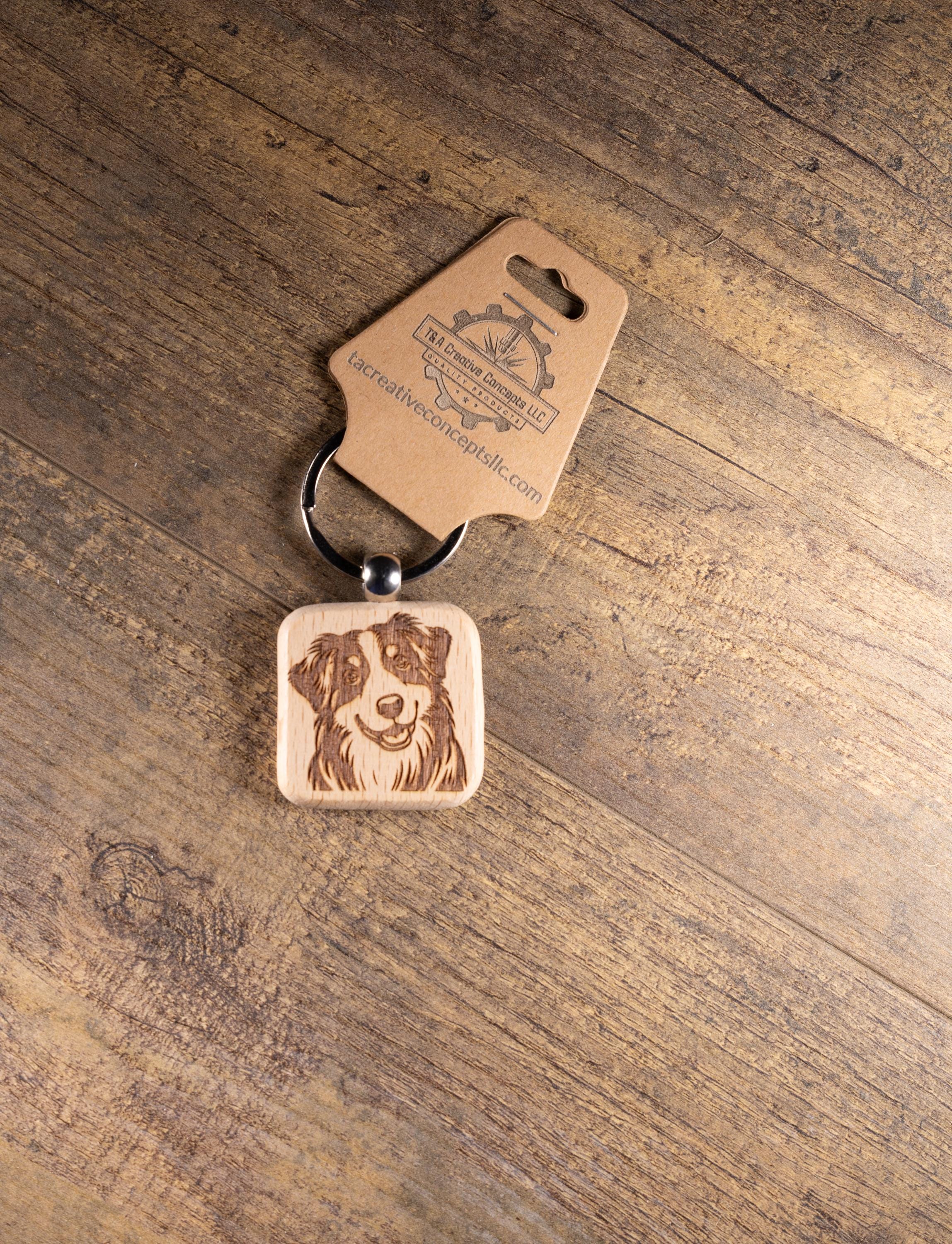 Australian Shepherd Keychain – Laser Engraved Hardwood Dog Lover Gift Idea