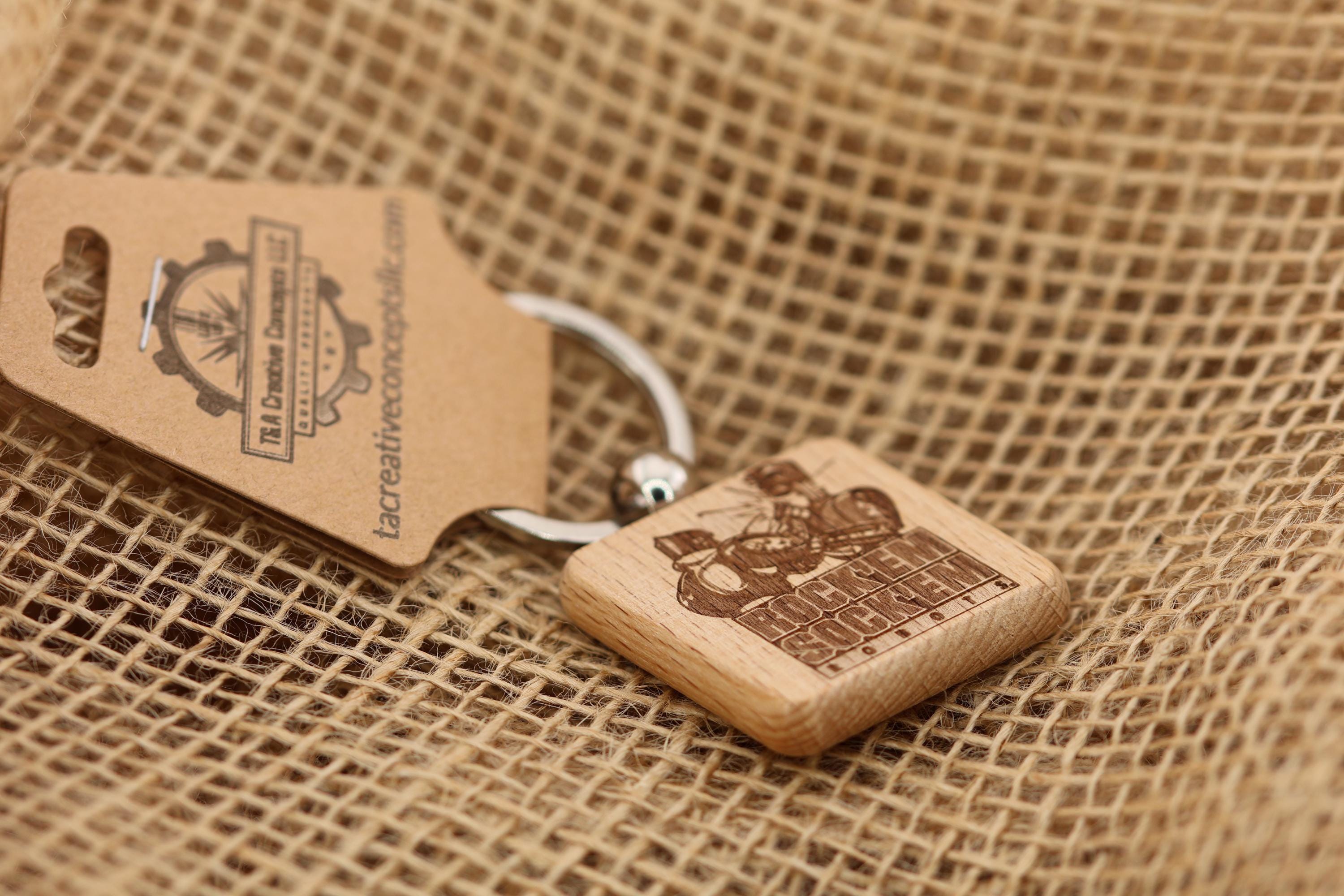Retro Gaming Keychain - Double Sided Engraved Hardwood Robot Charm With Steel Keyring