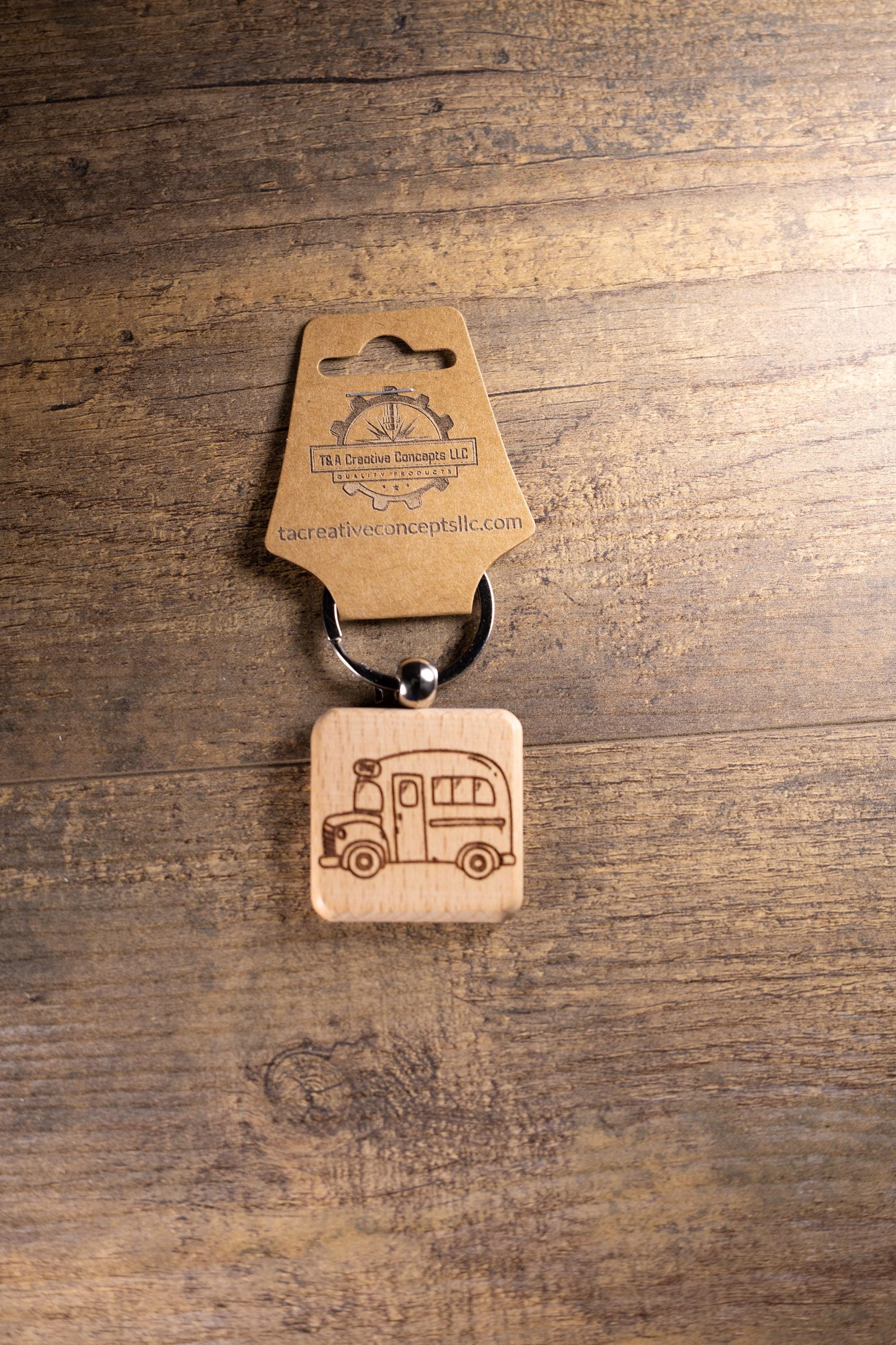 School Bus Keychain - Handmade Solid Wood Charm With Stainless Steel Ring
