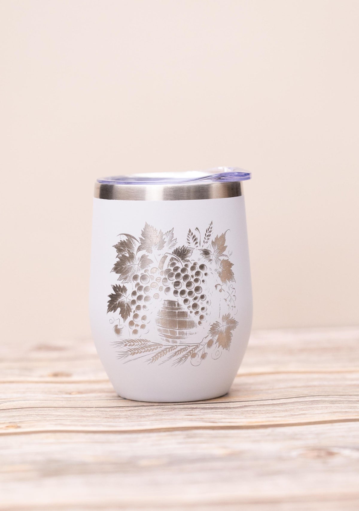 Wine Tumbler - Stainless Steel Cup With Spill Proof Lid & Laser Engraved Grape Design