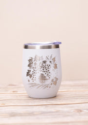 Wine Tumbler - Stainless Steel Cup With Spill Proof Lid & Laser Engraved Grape Design
