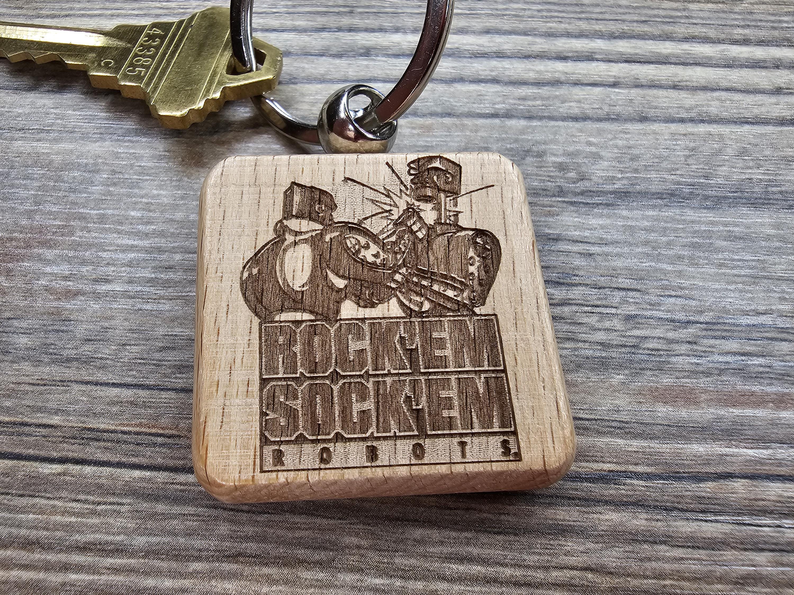 Retro Gaming Keychain - Double Sided Engraved Hardwood Robot Charm With Steel Keyring