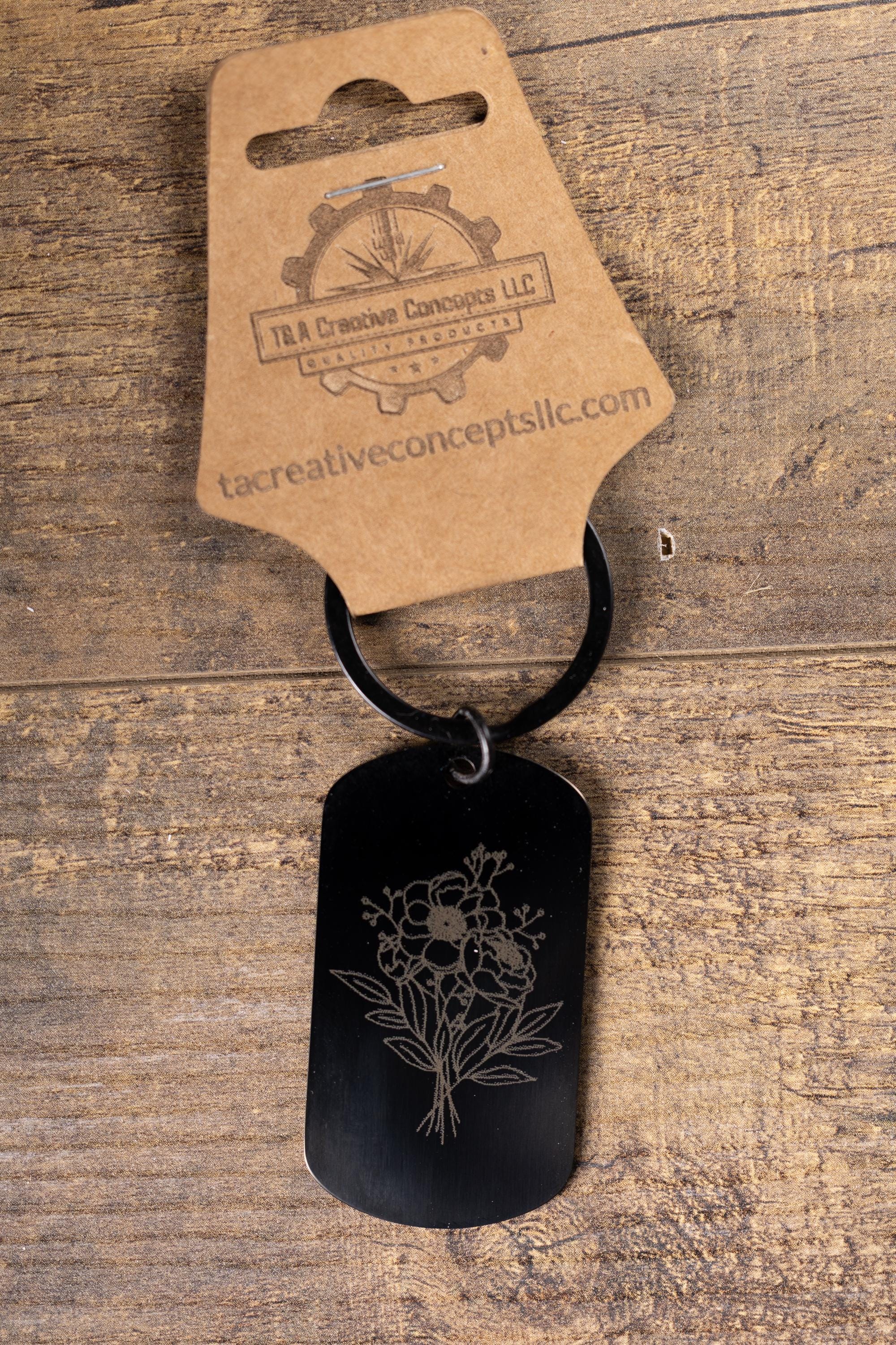 Black Floral Keychain - Laser Engraved Stainless Steel | Durable Everyday Carry