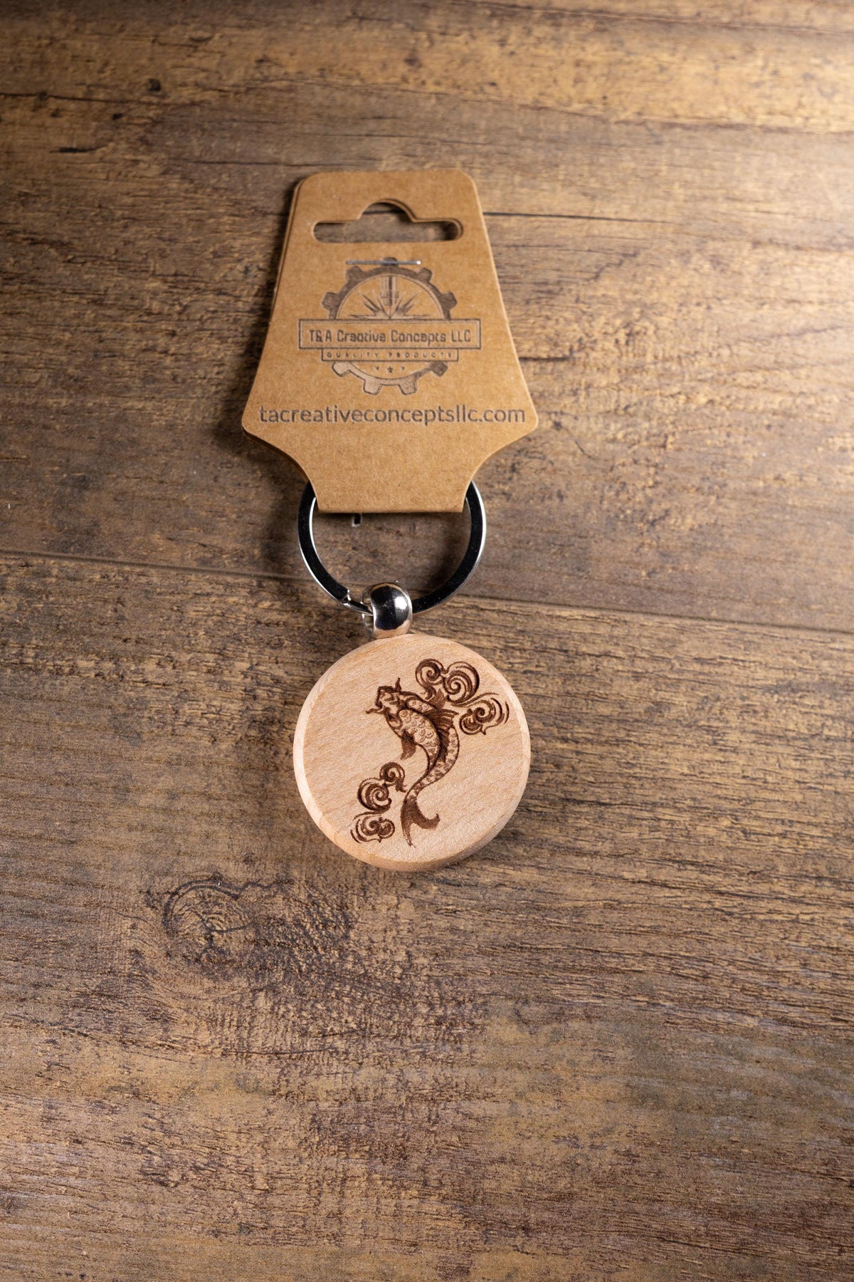 Koi Fish Keychain - Laser Engraved Hardwood Bag Charm With Stainless Steel Hardware