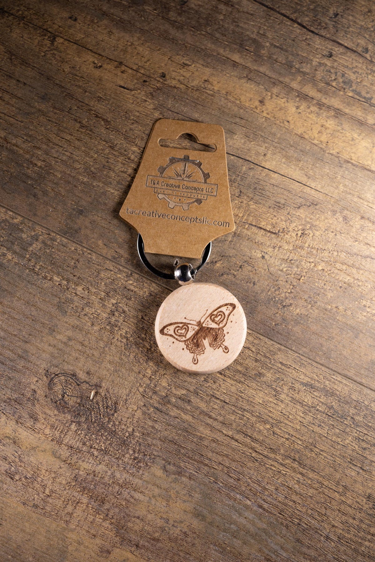 Laser Engraved Keychain - Solid Hardwood Butterfly Bag Charm with Stainless Steel Ring