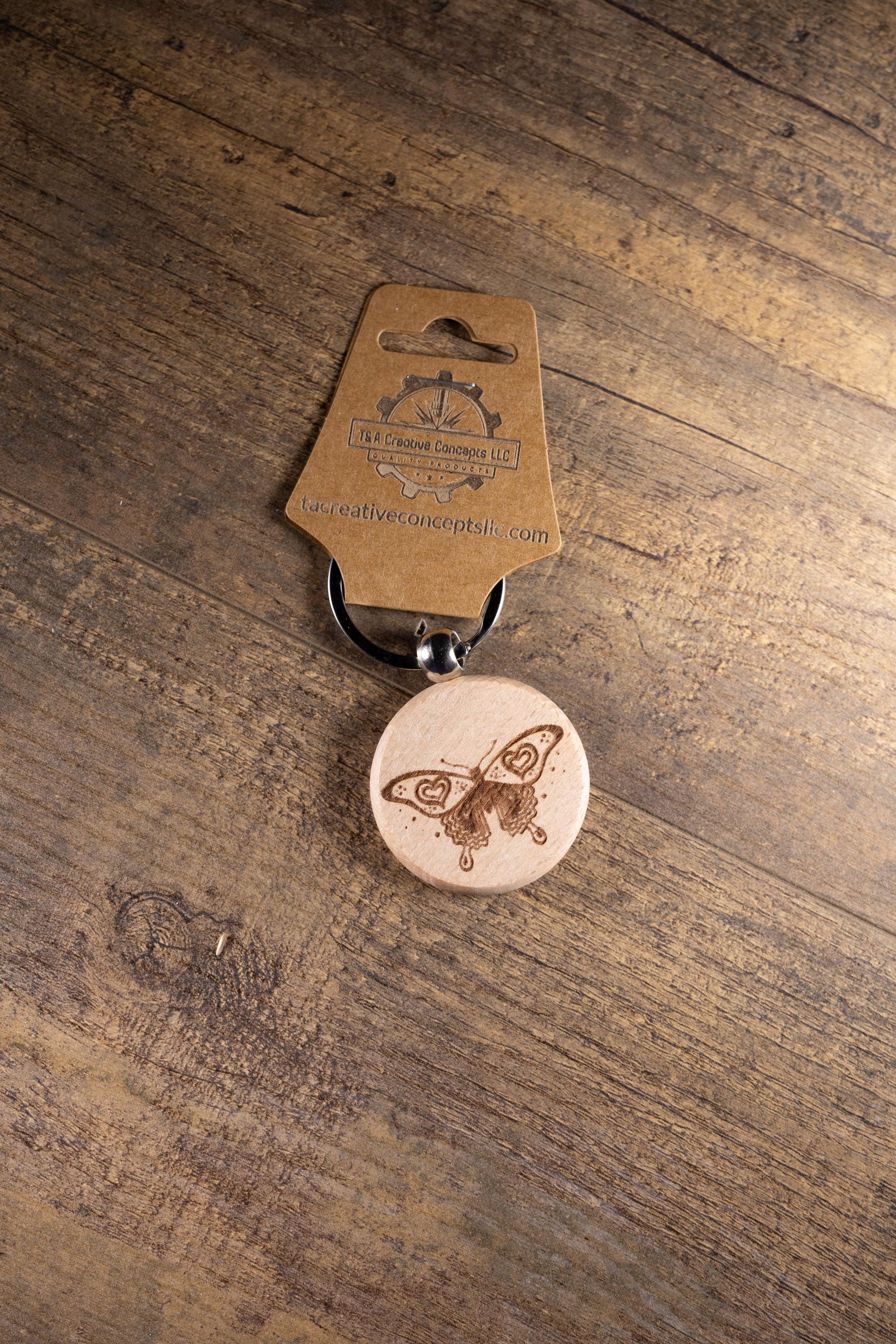 Laser Engraved Keychain - Solid Hardwood Butterfly Bag Charm with Stainless Steel Ring