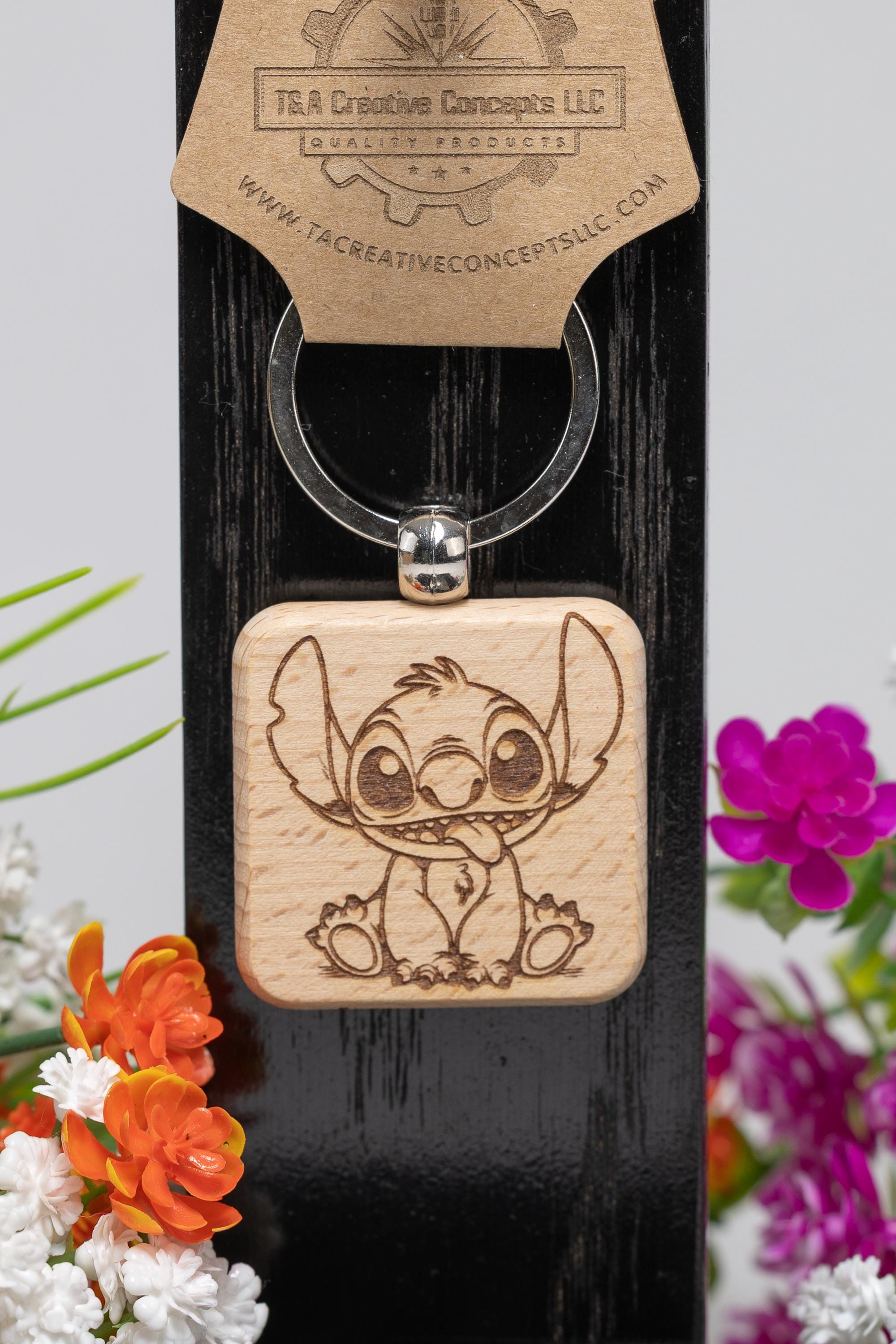 Alien Stitch Keychain – Double Sided Laser Engraved Wooden Key Ring | Cute Cartoon Gift