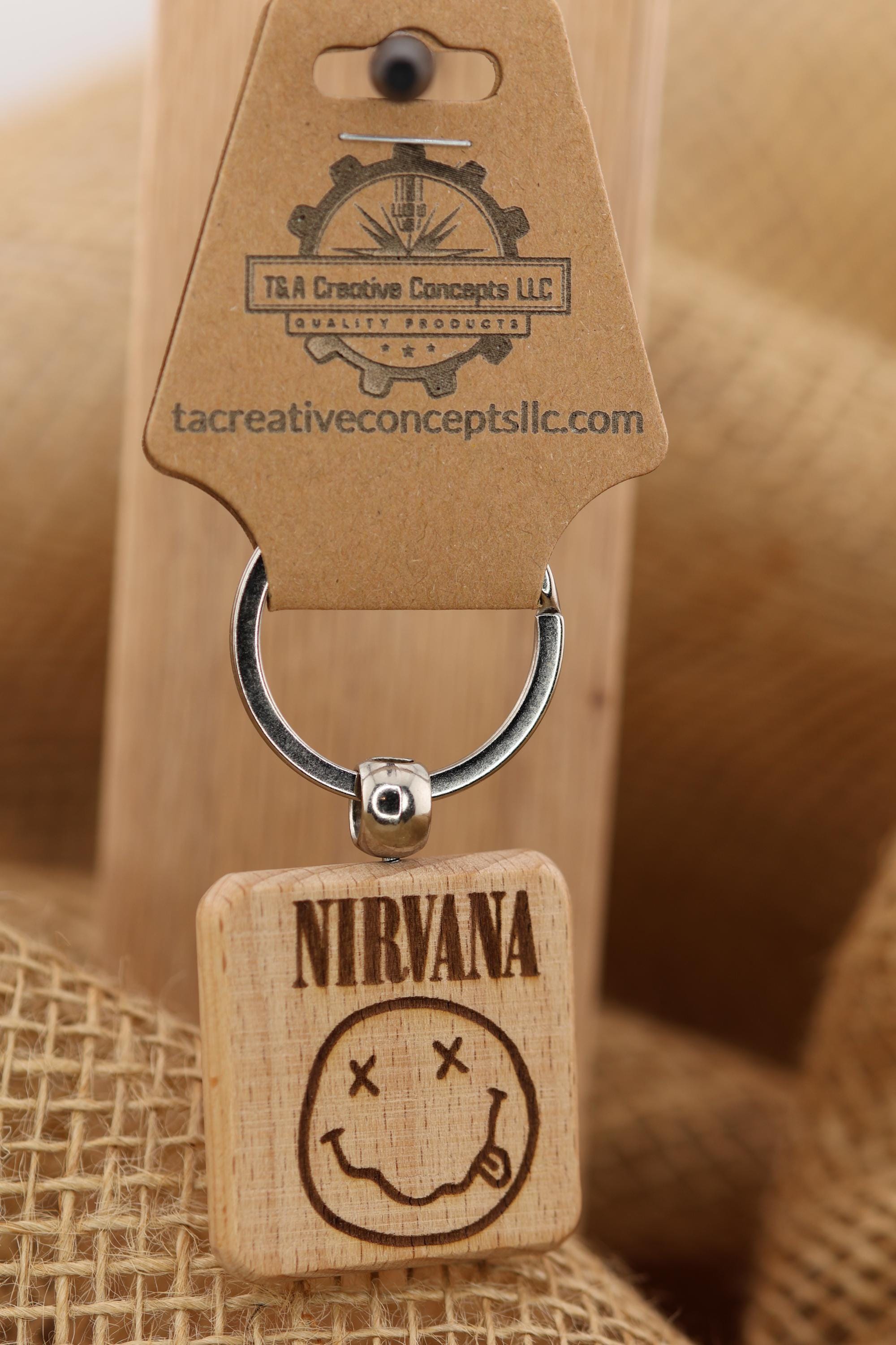 Nirvana Keychain – Hardwood Double Sided Engraved Smiley Face with Stainless Steel Ring