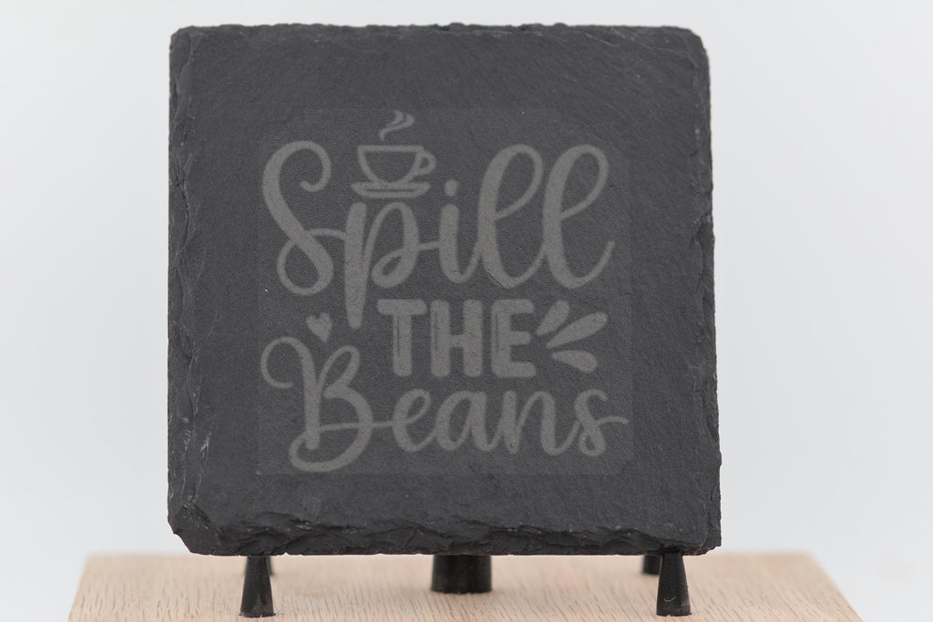 Slate Coasters Set – Spill the Beans Laser Engraved 4x4 Natural Slate Coasters