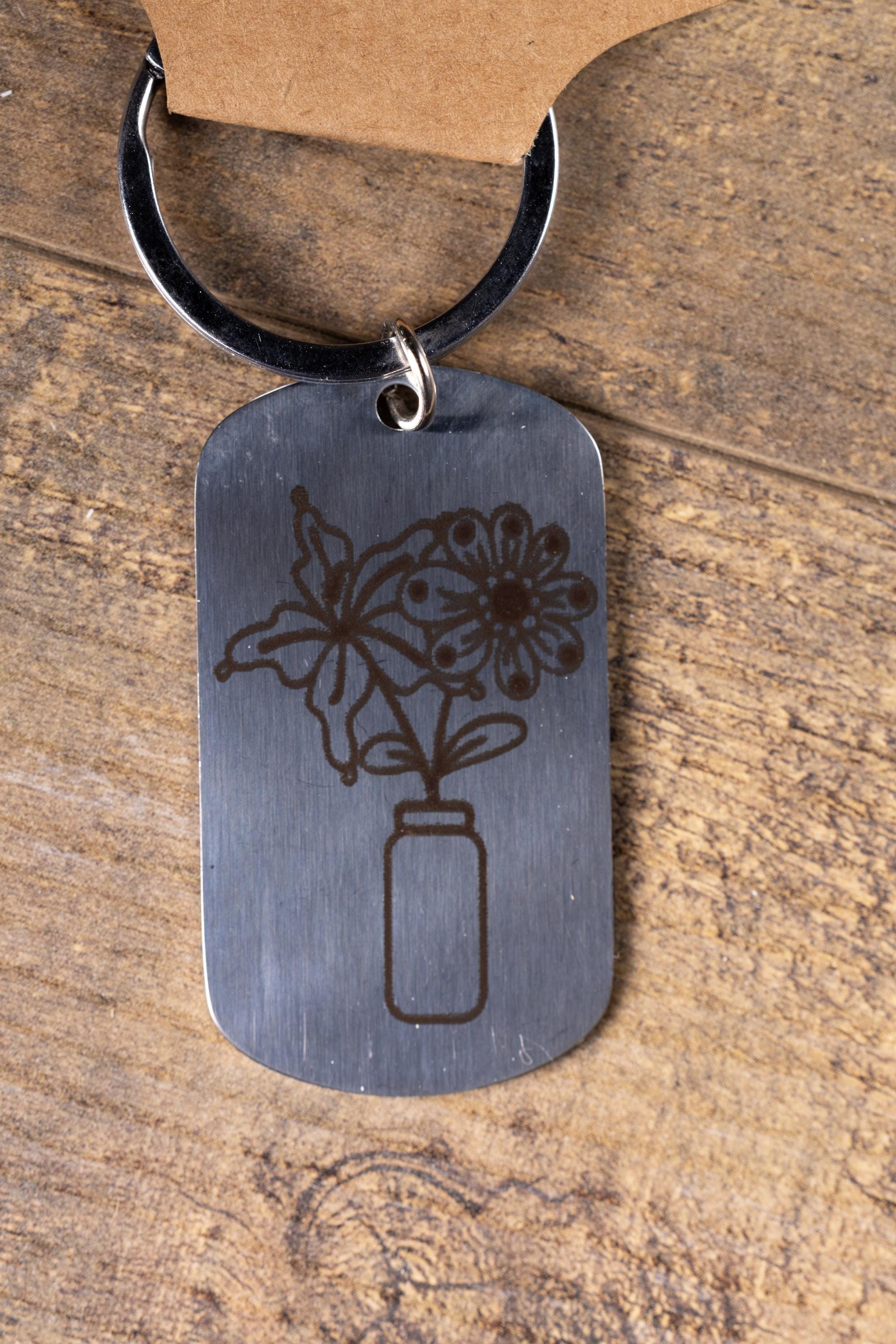 Floral Vase Keychain – Stainless Steel Engraved Floral Keepsake Accessory