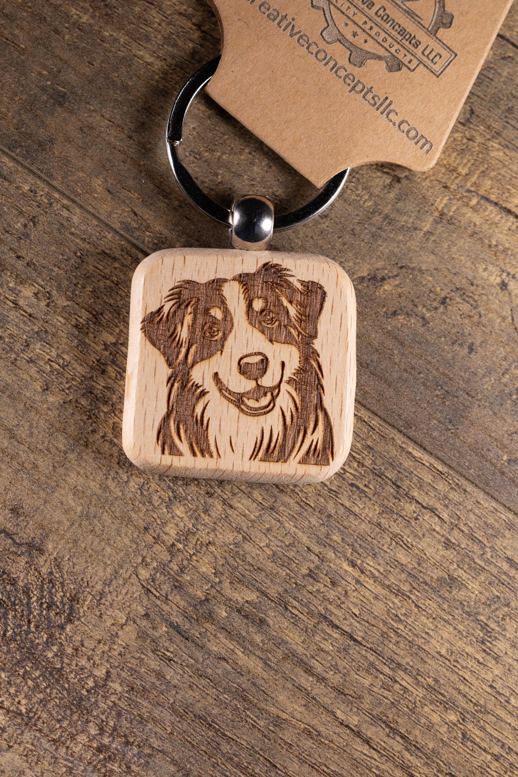 Australian Shepherd Keychain – Laser Engraved Hardwood Dog Lover Gift Idea
