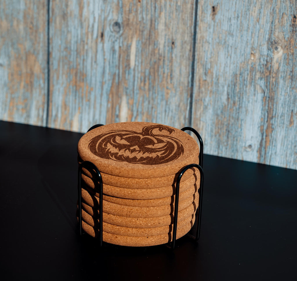 Halloween Pumpkin Coasters – Natural Cork Set | Laser Engraved Pumpkin Coaster Holder