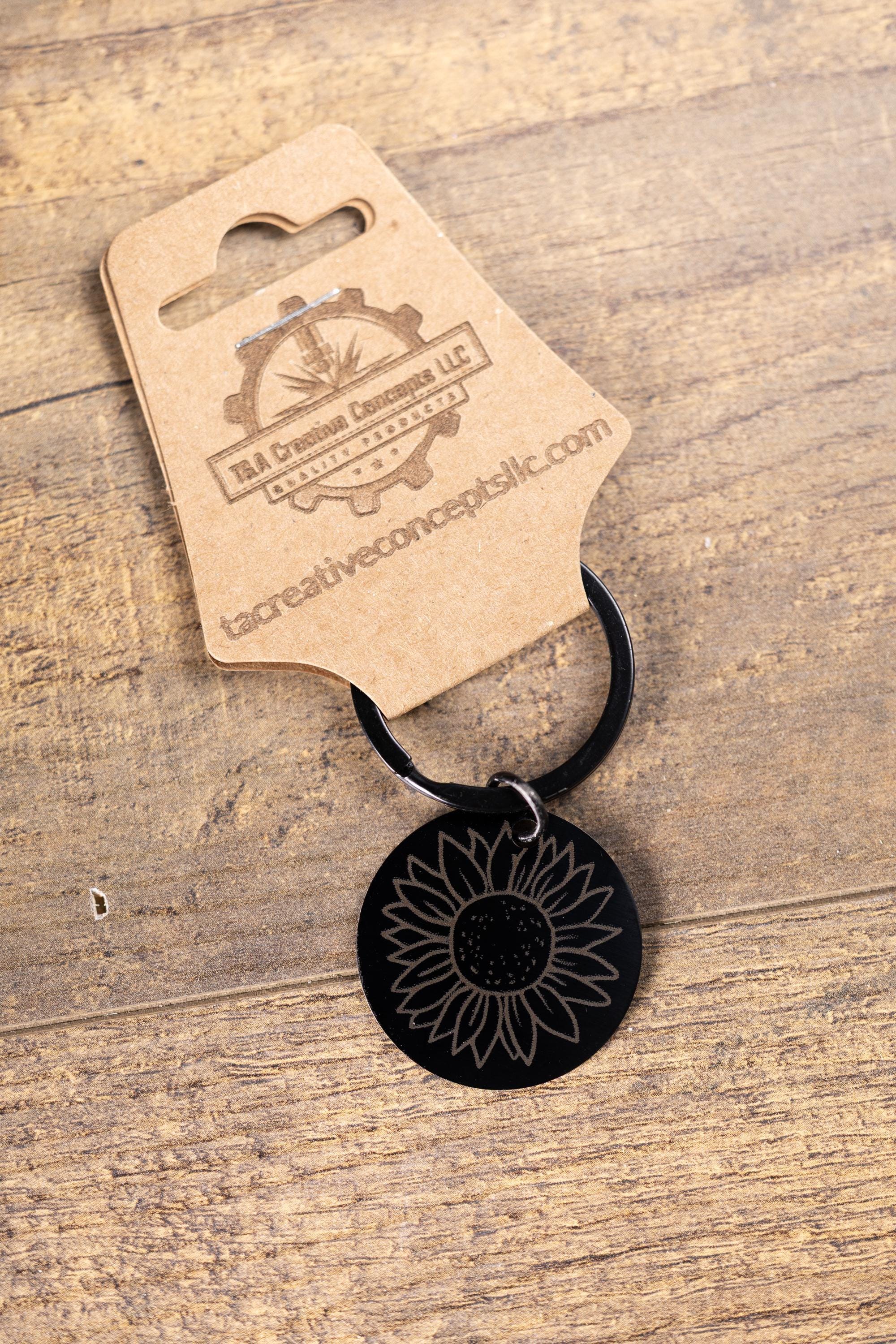 Sunflower Keychain – Black Stainless Steel, Laser Engraved Floral Design, Durable
