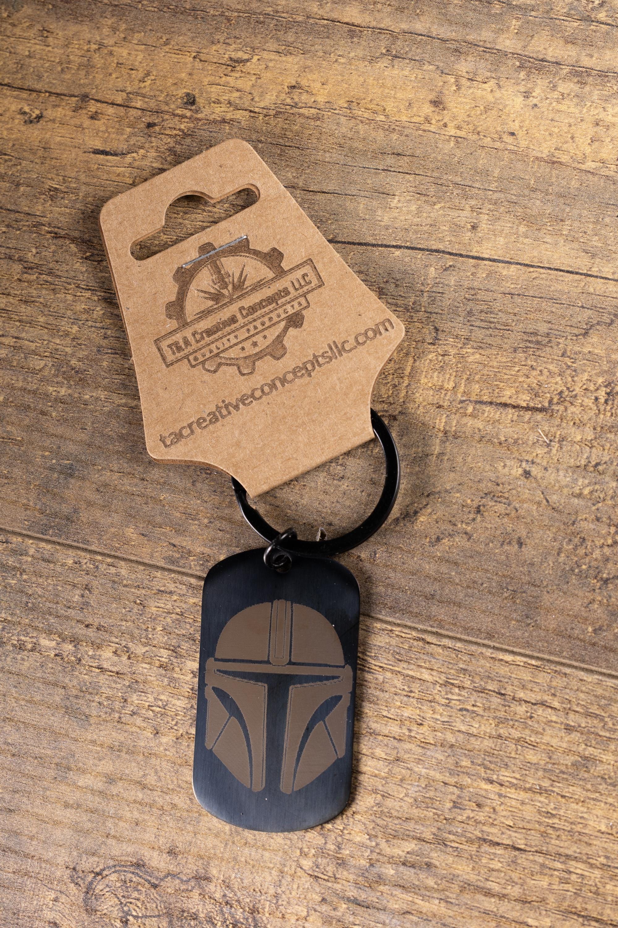 Mandalorian Keychain - Black Stainless Steel, Laser Engraved Double-Sided Design
