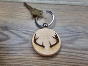 Deer Antlers Keychain – Laser Engraved Hardwood Rustic Bag Charm with Stainless Steel Ring