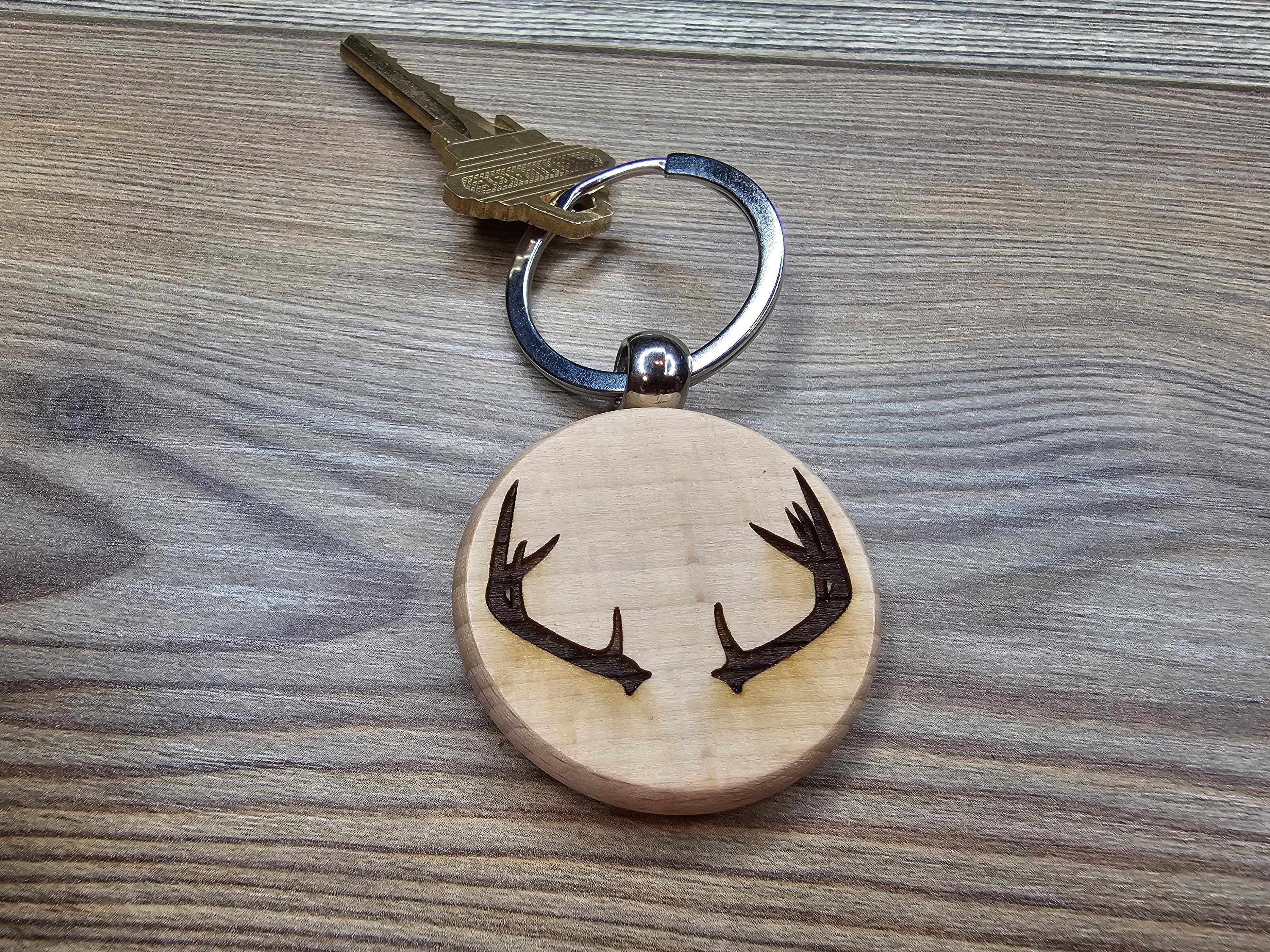Deer Antlers Keychain – Laser Engraved Hardwood Rustic Bag Charm with Stainless Steel Ring