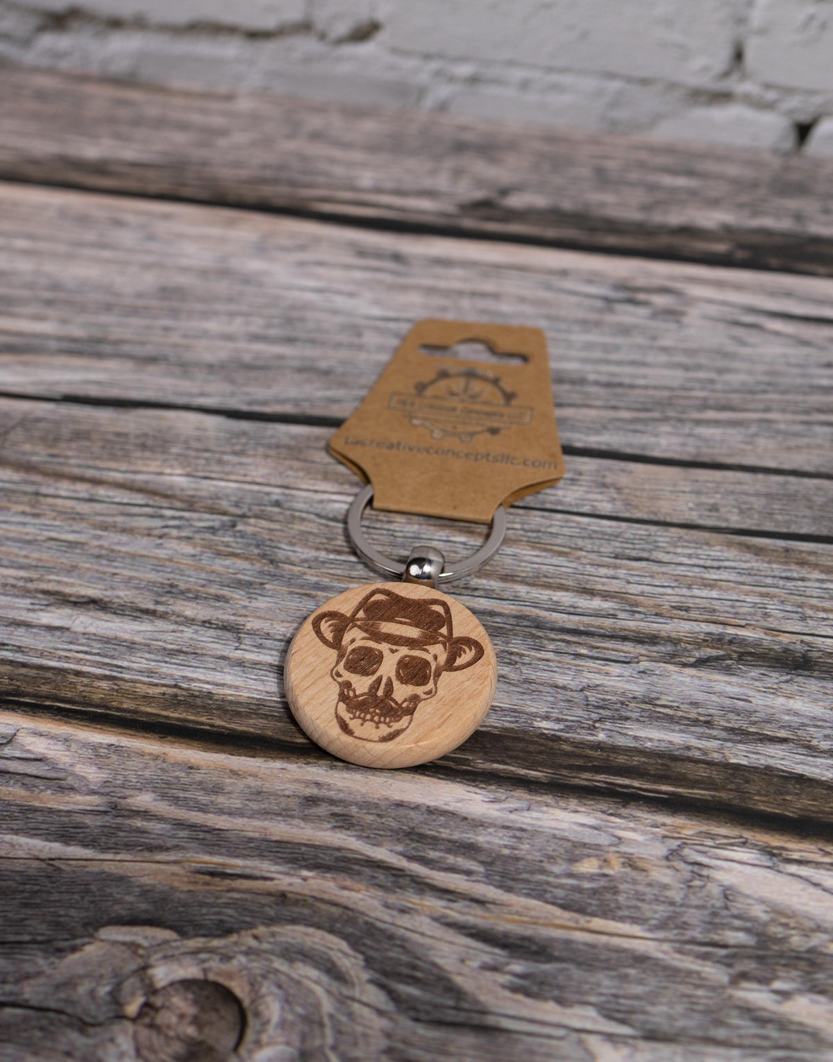 Wooden Skull Keychain – Laser Engraved Hardwood Bag Charm with Fedora & Mustache