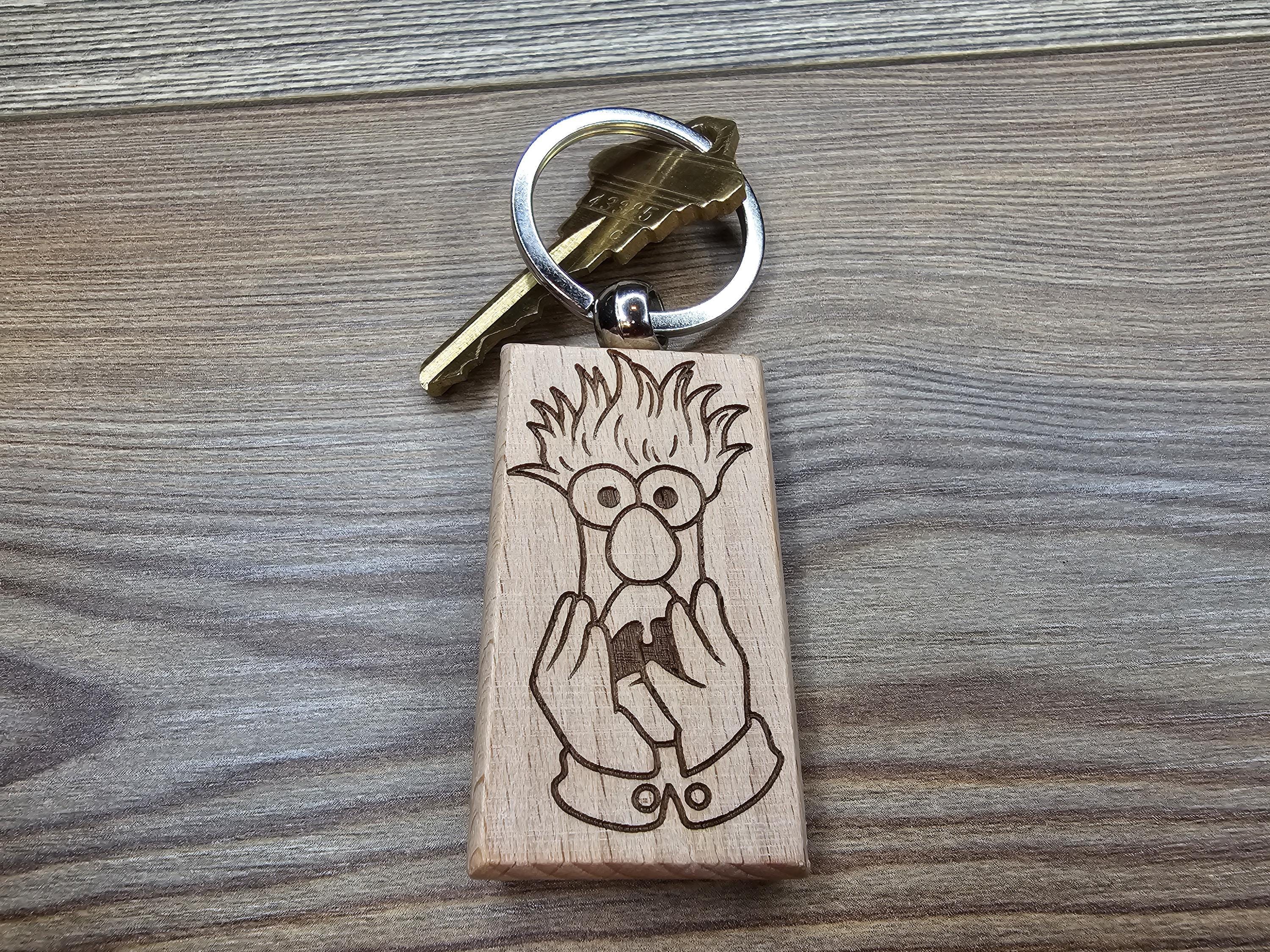 Beaker Muppets Keychain - Double Sided Laser Engraved Wood Charm With Stainless Steel Ring