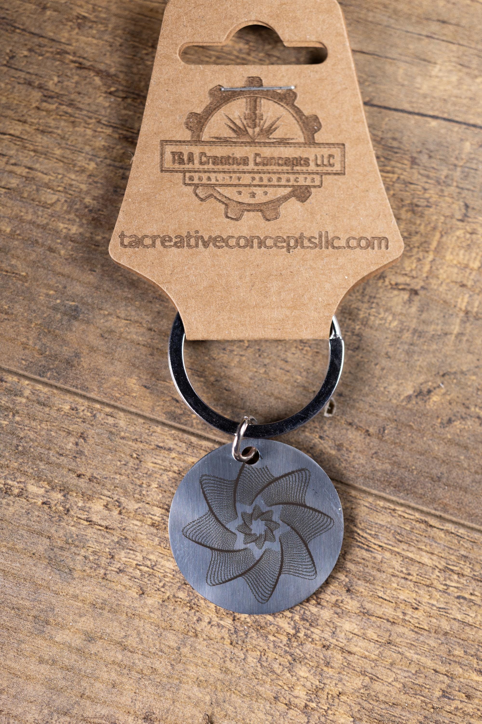 Polished Stainless Steel Keychain - Geometric Star Design with Laser Engraved Spiral Line