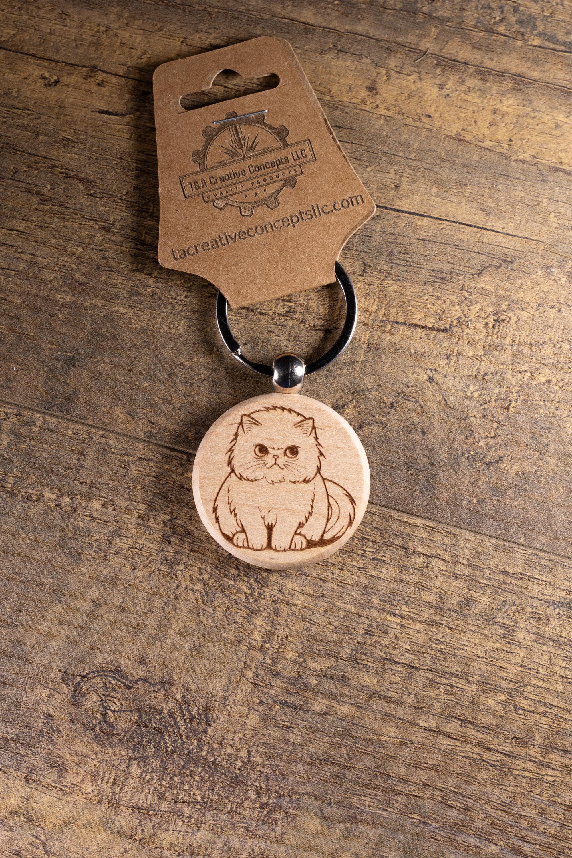Cat Wood Keychain – Handmade Cat Charm With Laser Engraved Wood Grain