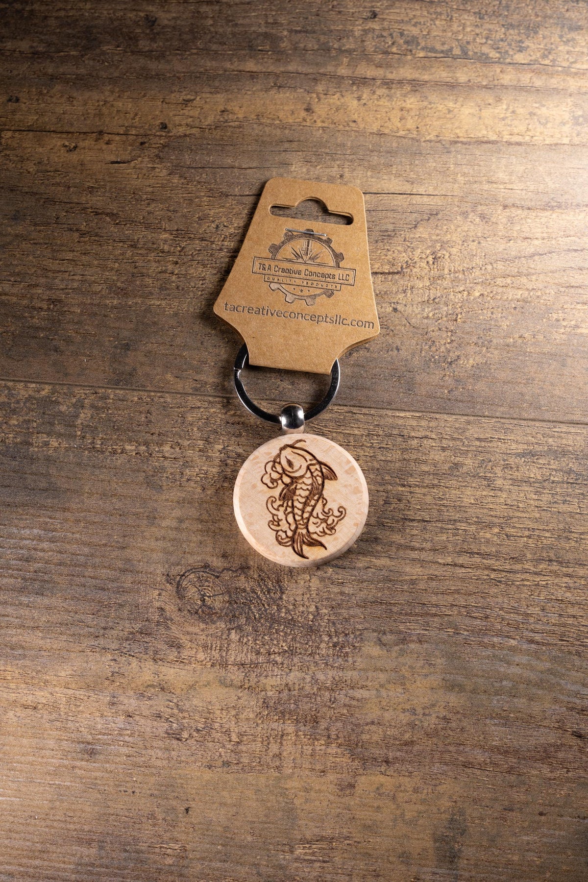 Koi Fish Keychain – Laser Engraved Hardwood With Stainless Steel Ring, Natural Finish