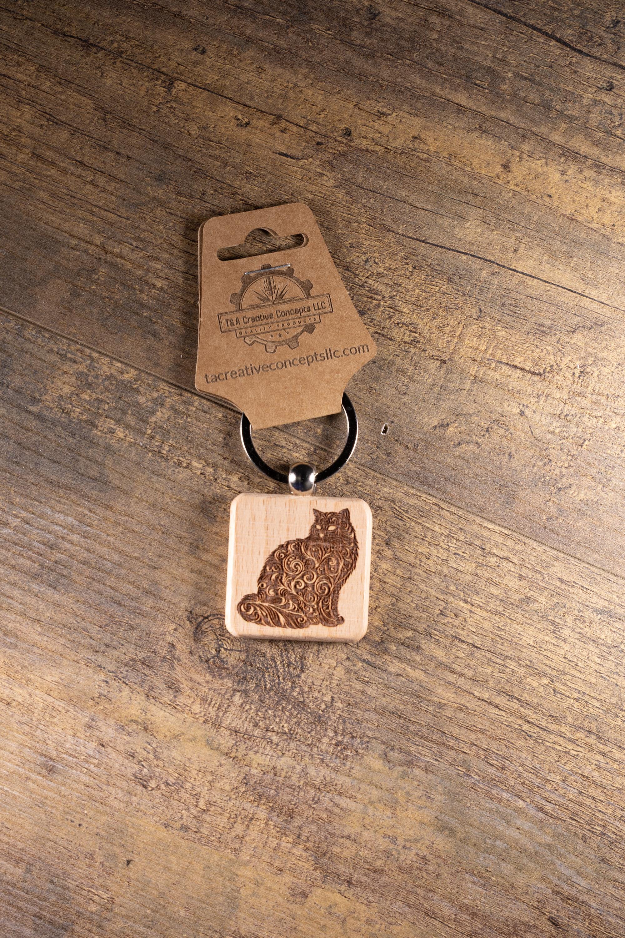 Wood Cat Keychain – Laser Engraved Hardwood | Durable Cat Pendant, Handmade Gift