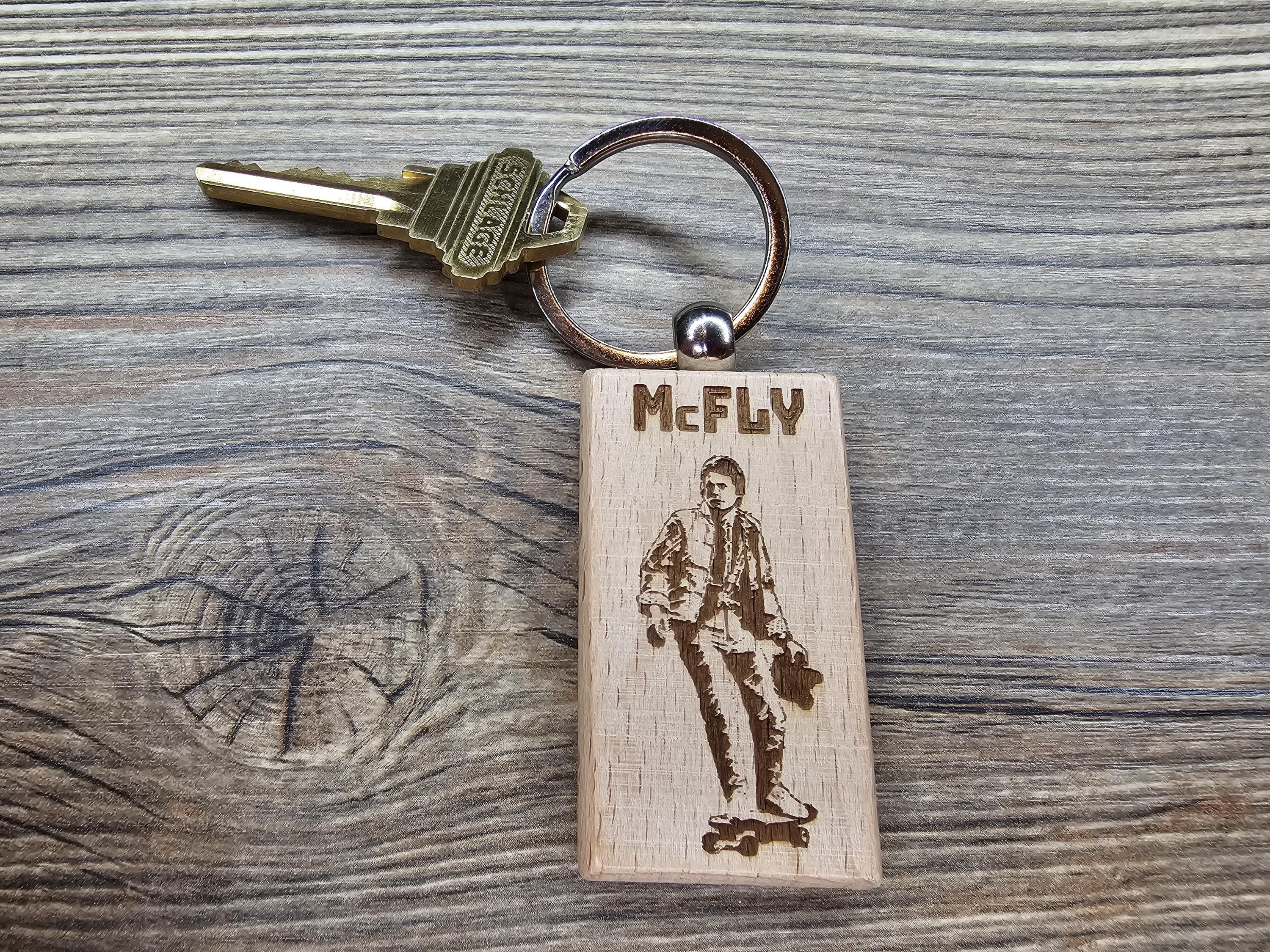 Back to the Future Keychain – Double Sided Laser Engraved Hardwood Bag Charm