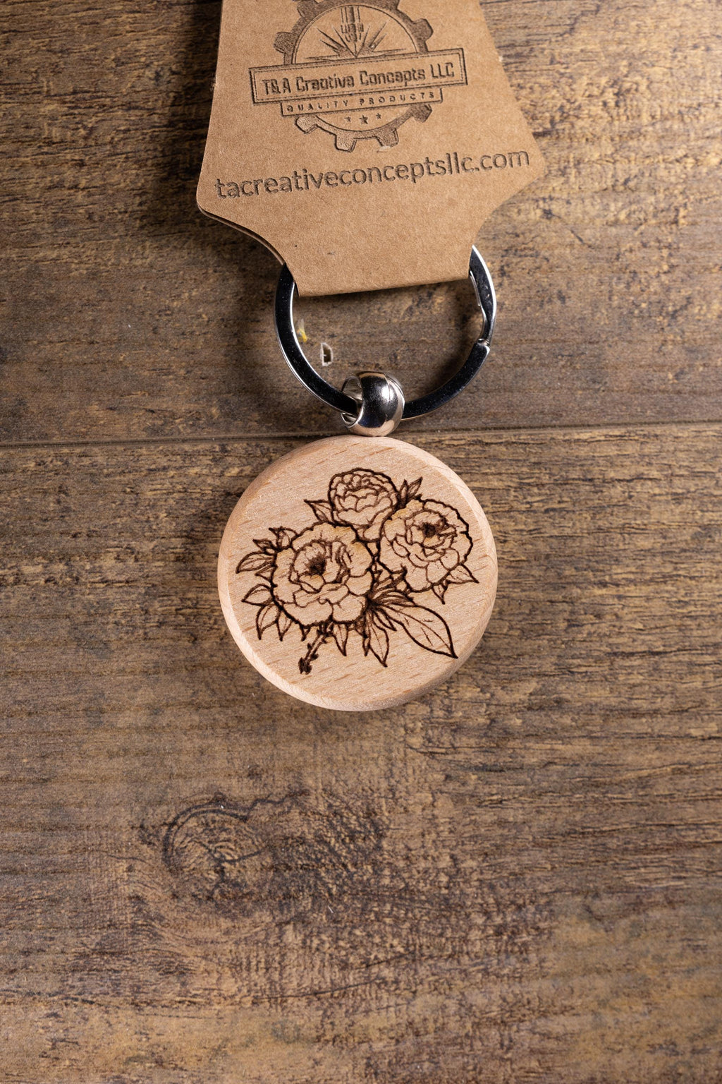 Wood Keychain – Laser Engraved Peony Bouquet Floral Charm | Maple, Cherry, Walnut