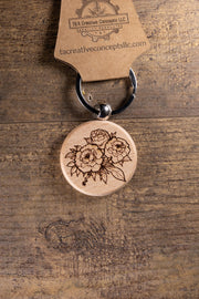 Wood Keychain – Laser Engraved Peony Bouquet Floral Charm | Maple, Cherry, Walnut