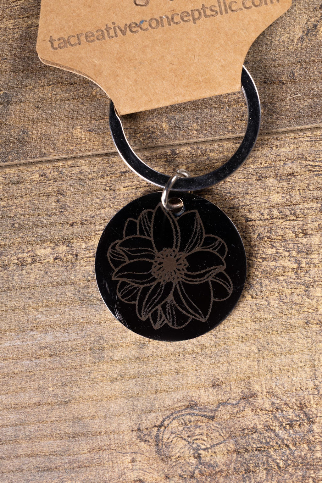 Mandala Flower Keychain – Black Stainless Steel, Double-Sided Engraved Charm
