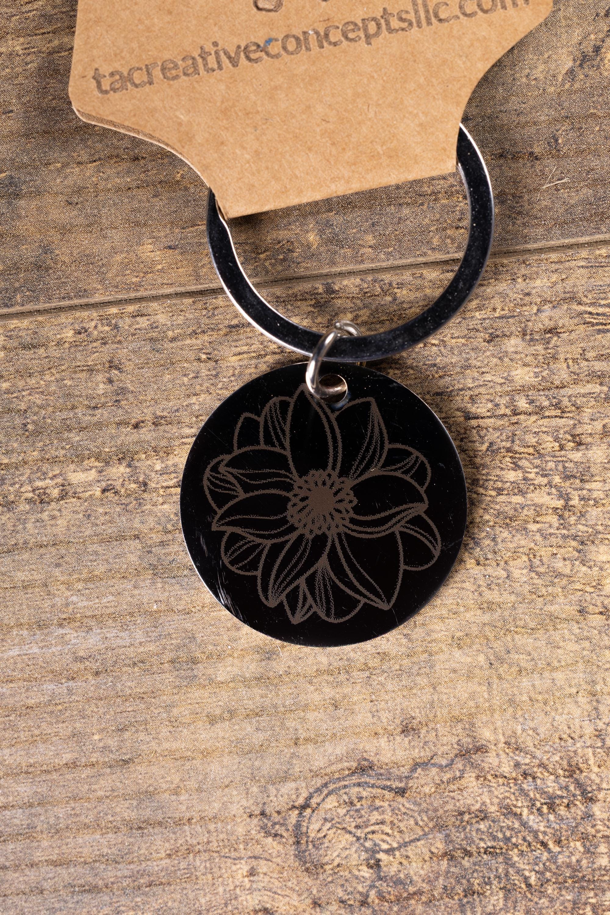 Mandala Flower Keychain – Black Stainless Steel, Double-Sided Engraved Charm