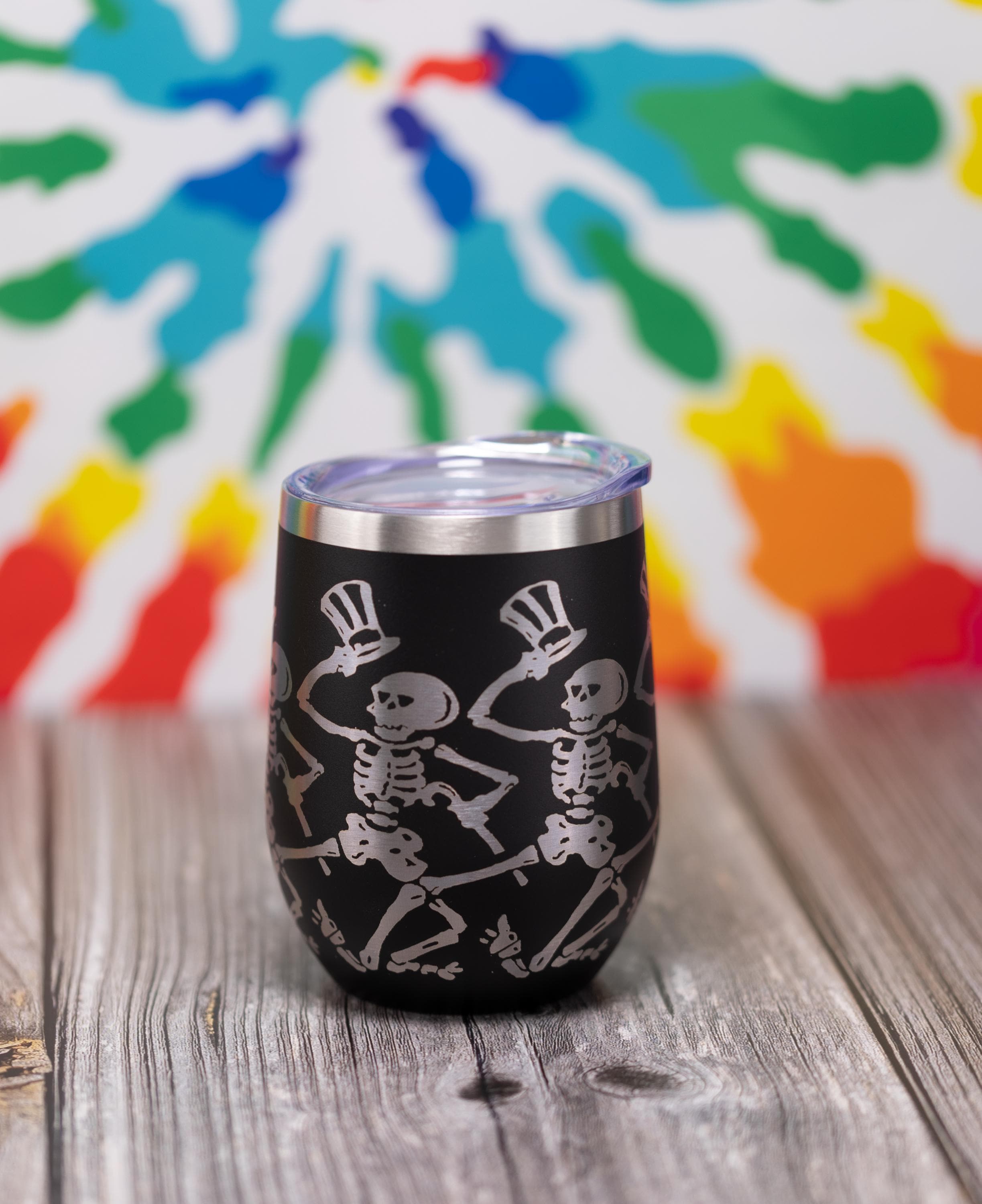 Dancing Skeleton Wine Tumbler - Laser Engraved, Double Wall Vacuum Cup, Custom Color