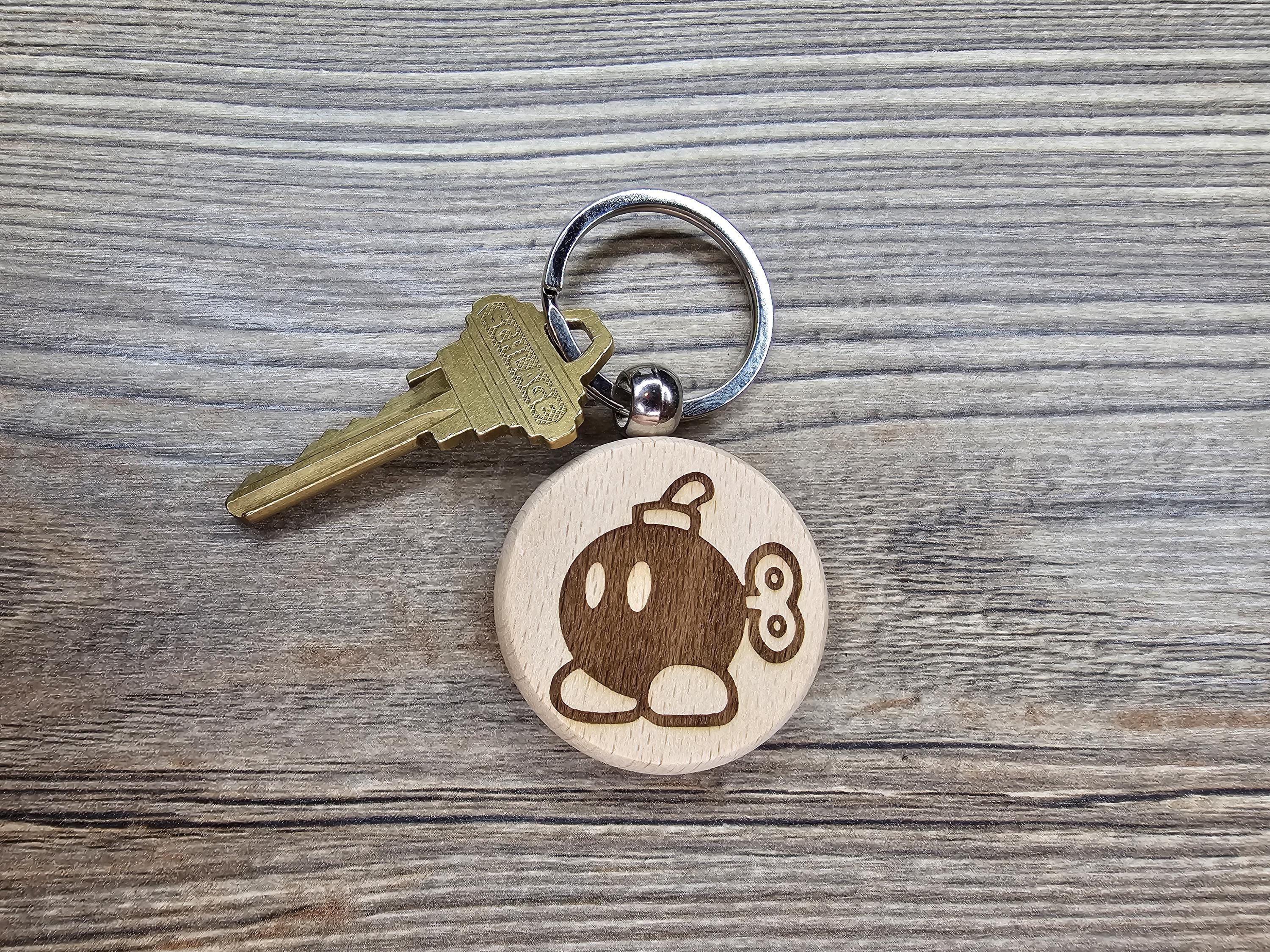 Mario Bob-Omb Keychain – Double-Sided Laser Engraved Hardwood Gift with Stainless Steel Ring