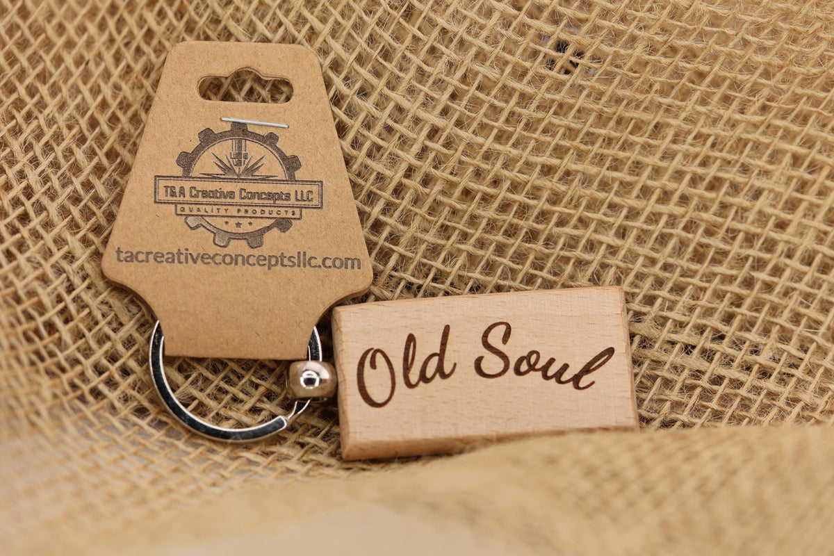 Engraved Hardwood Keychain - Old Soul Vintage Style Charm with Steel Ring