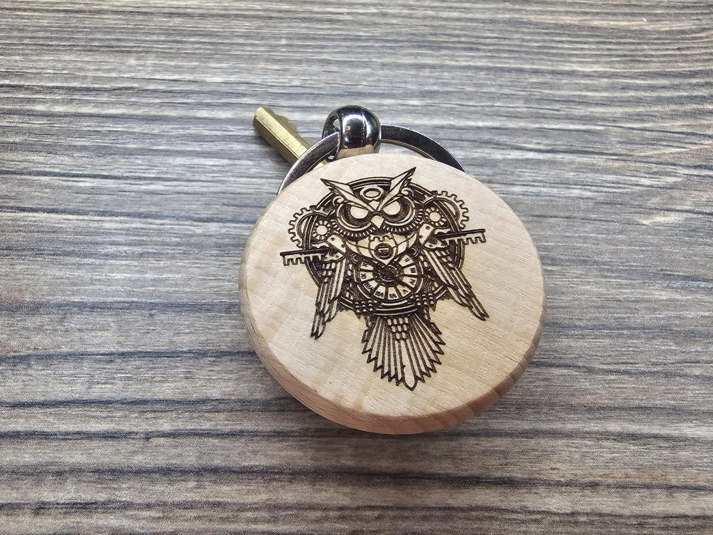 Steampunk Owl Keychain – Double Sided Charm | Engraved Hardwood Keepsake