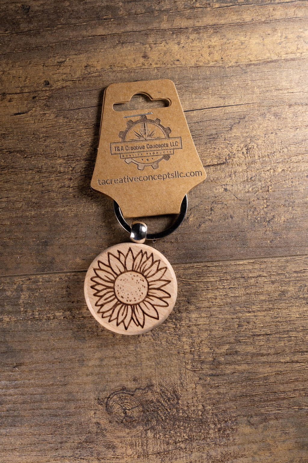 Sunflower Keychain – Laser Engraved Wood Hardwood Accessory with Stainless Steel Hardware