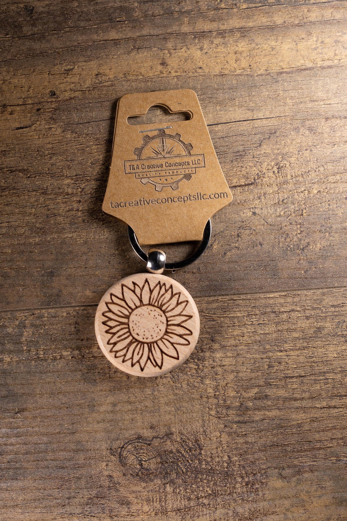 Sunflower Keychain – Laser Engraved Wood Hardwood Accessory with Stainless Steel Hardware