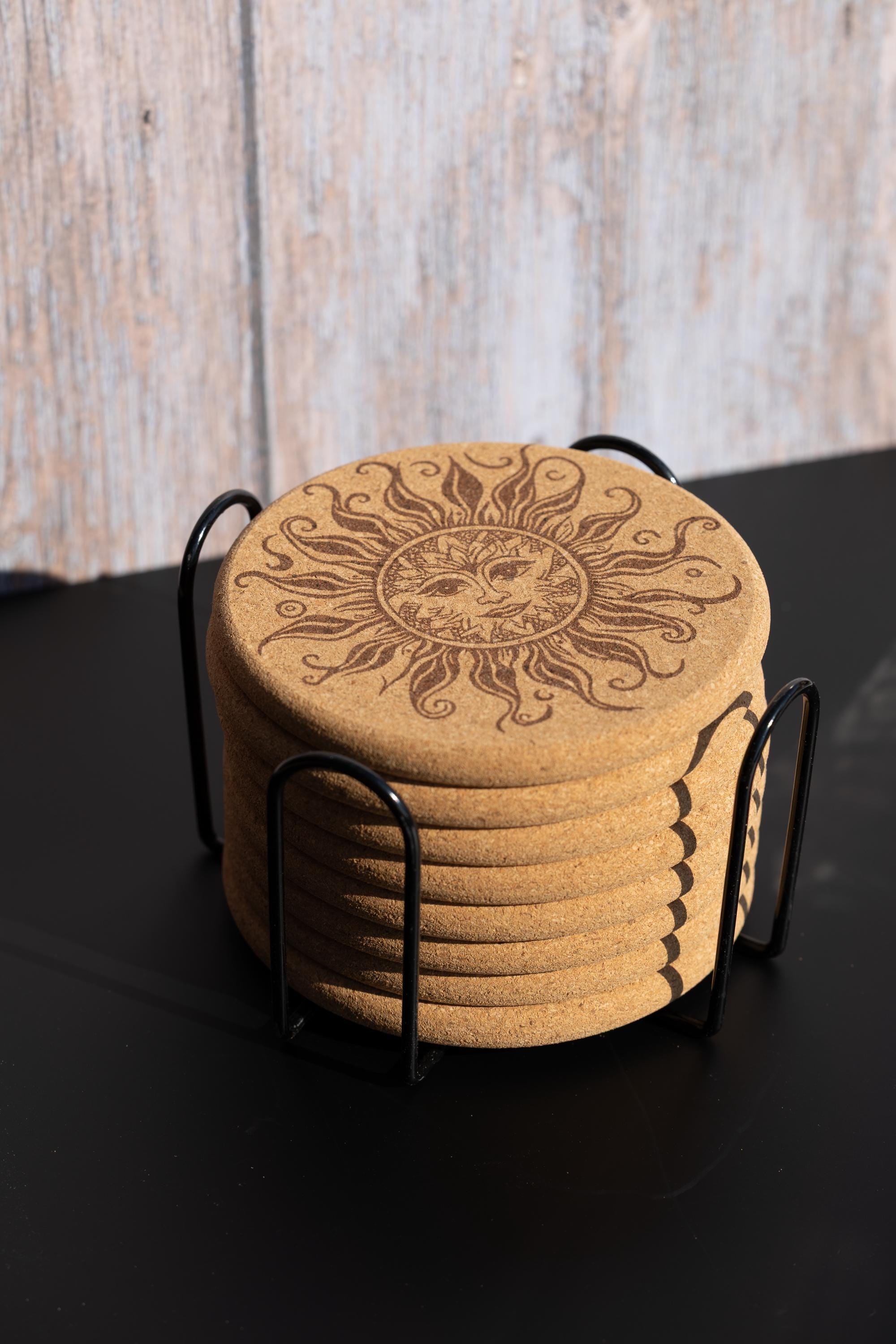 Sun Cork Coasters - Set of 8 Laser Engraved Boho Rustic Drink Mats with Holder