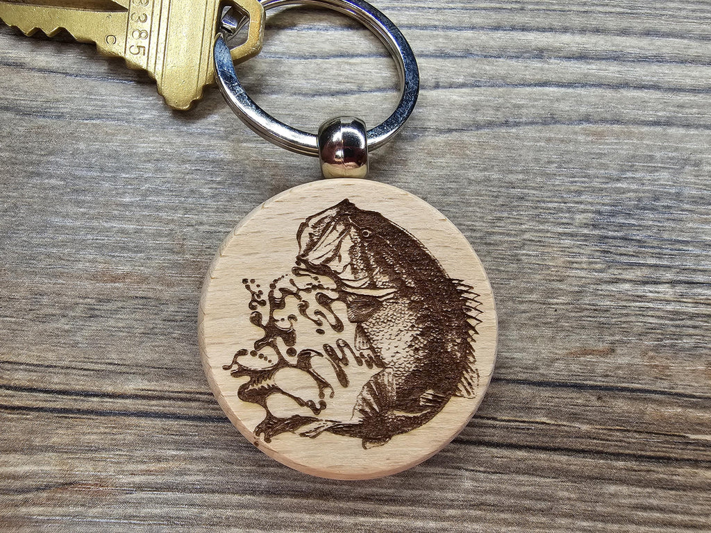 Largemouth Bass Keychain – Double Sided Engraved Hardwood With Rust Resistant Ring