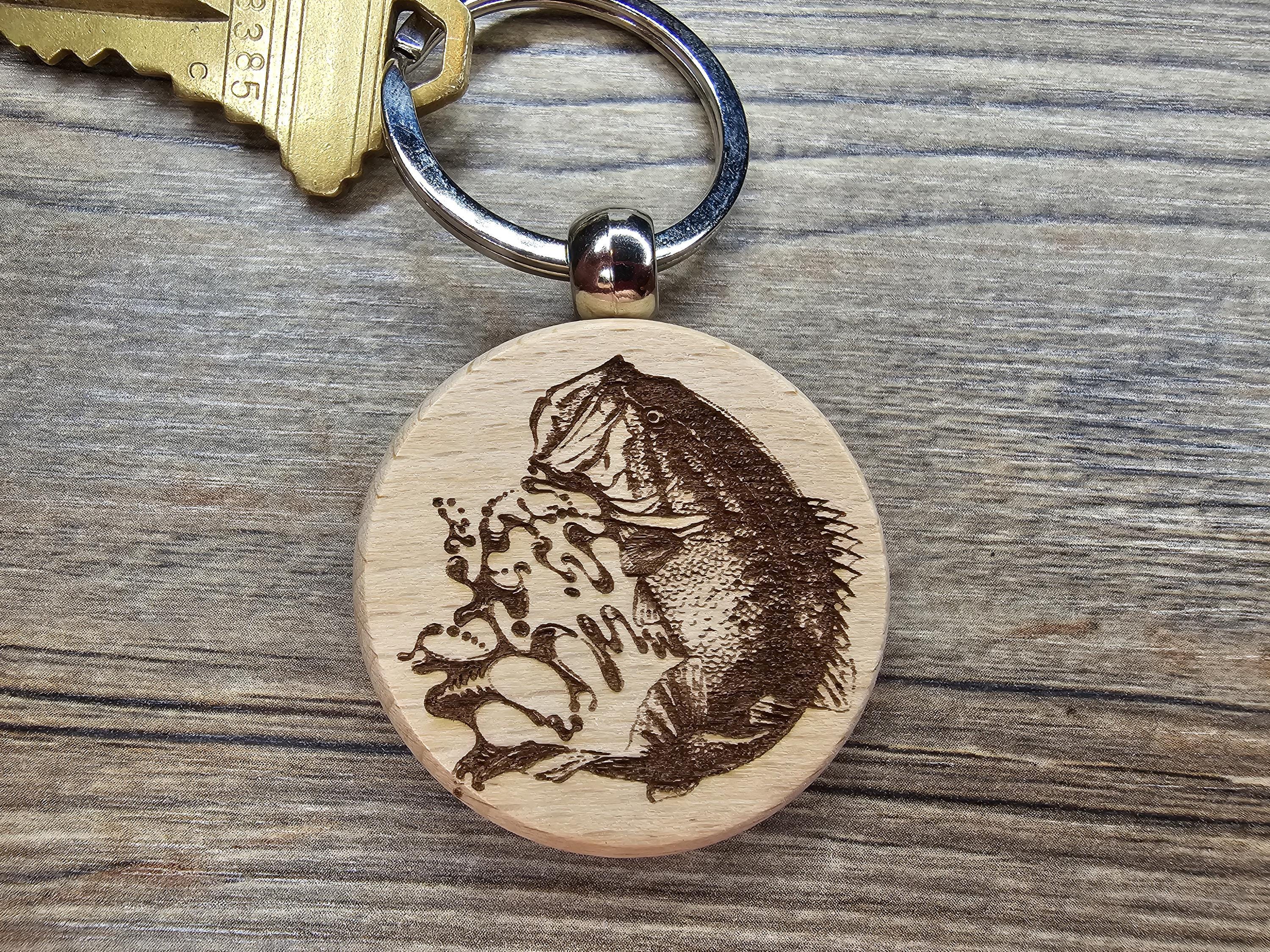 Largemouth Bass Keychain – Double Sided Engraved Hardwood With Rust Resistant Ring