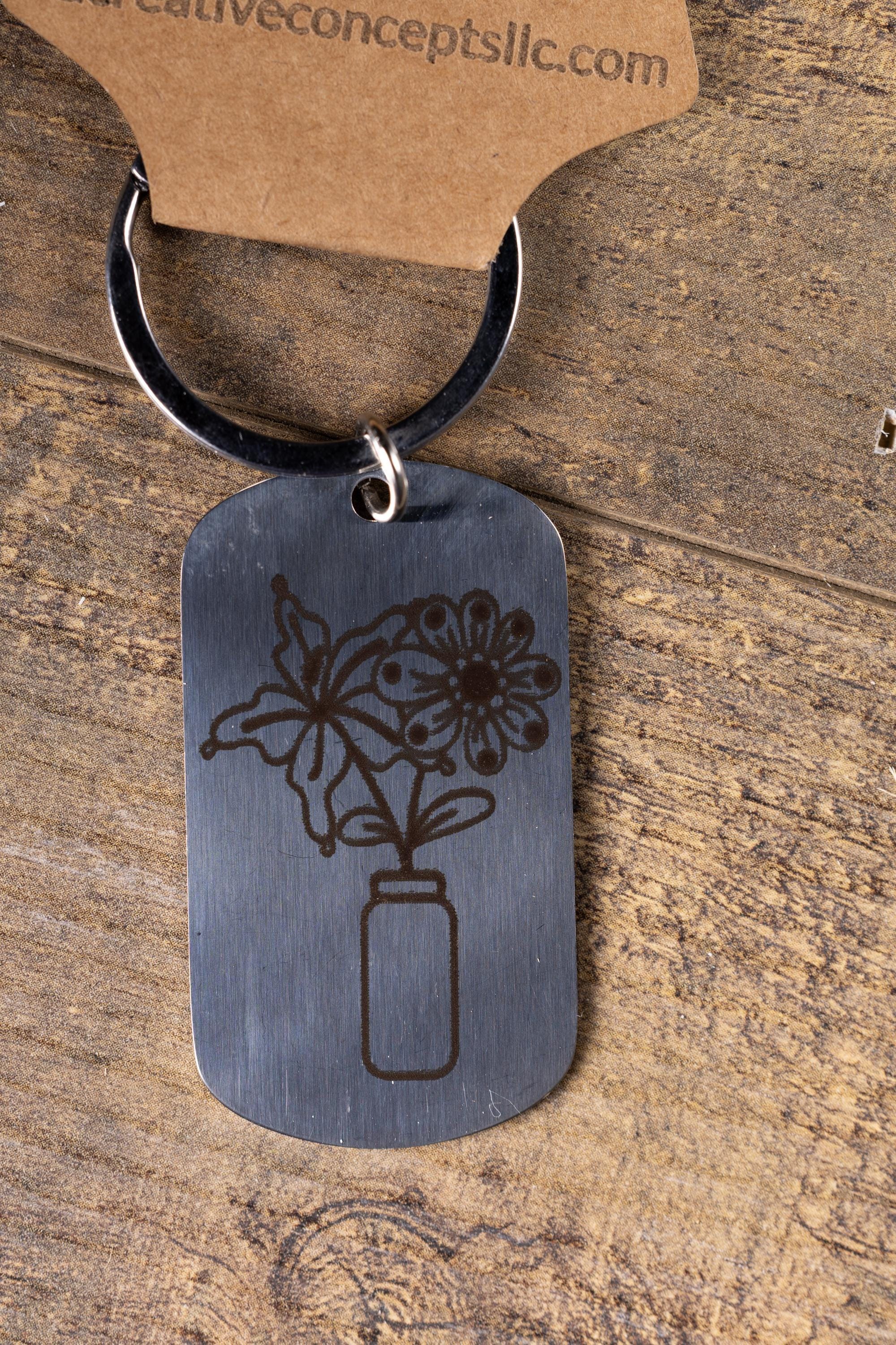 Floral Vase Keychain – Stainless Steel Engraved Floral Keepsake Accessory