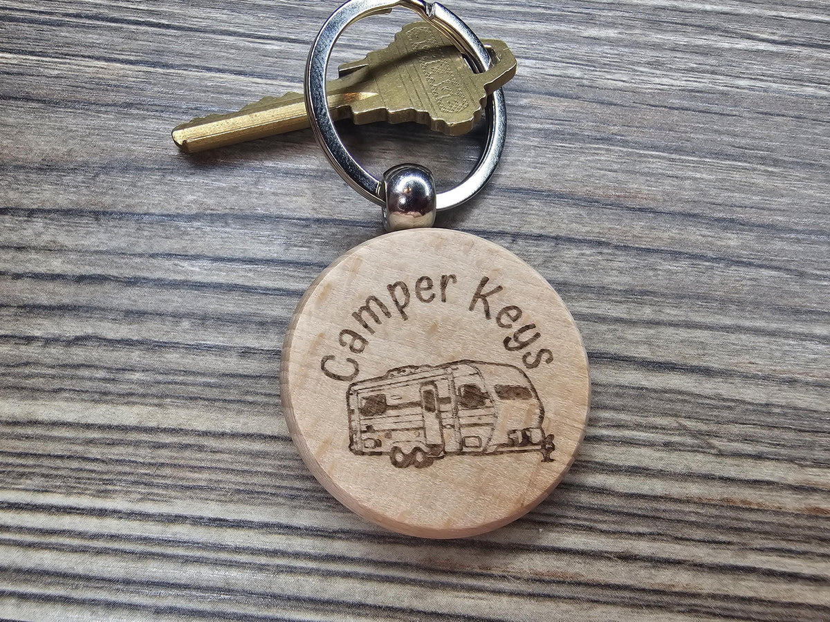 Camper Wood Keychain - Double Sided Design | Natural Hardwood Charm & Rust Resistant Ring